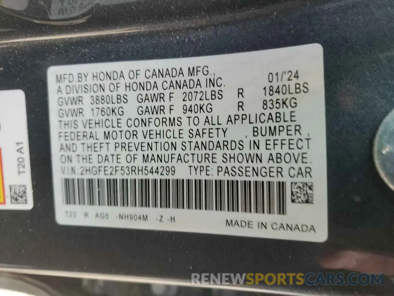 13 fotografías del automóvil dañado 2HGFE2F53RH544299 HONDA CIVIC 2024