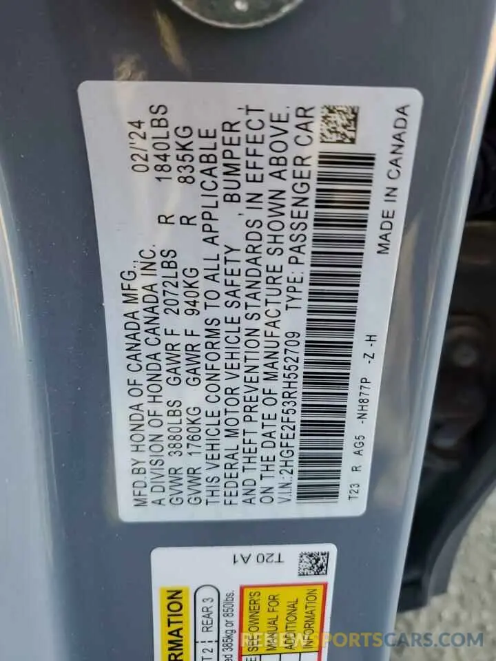 12 fotografías del automóvil dañado 2HGFE2F53RH552709 HONDA CIVIC 2024