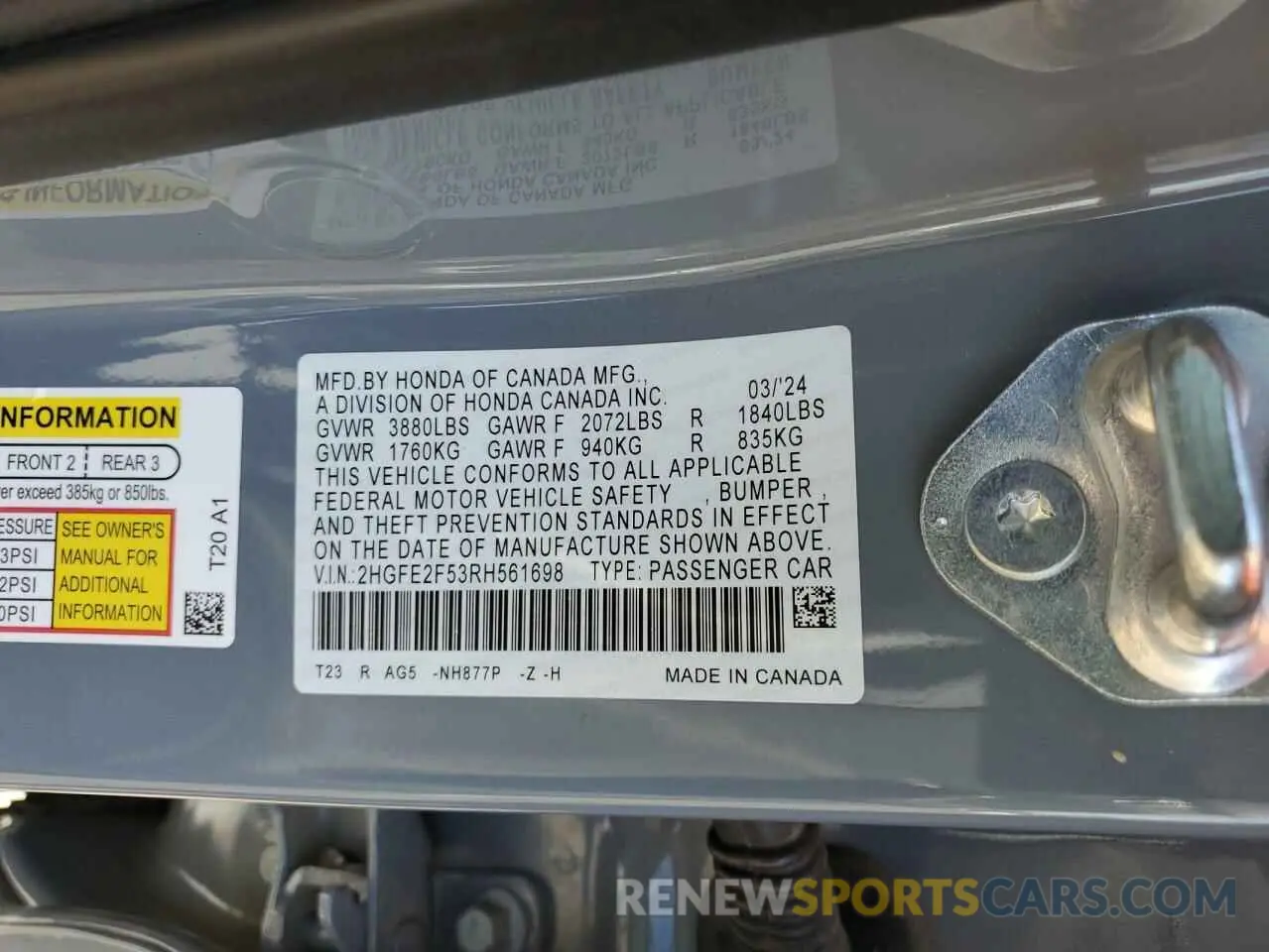 14 fotografías del automóvil dañado 2HGFE2F53RH561698 HONDA CIVIC 2024
