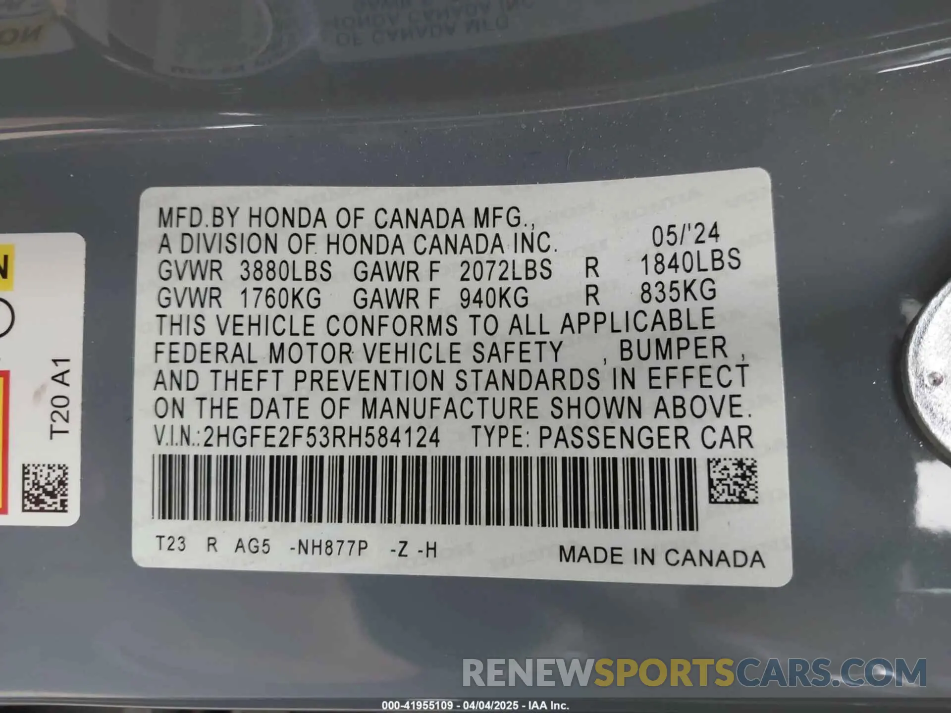 9 fotografías del automóvil dañado 2HGFE2F53RH584124 HONDA CIVIC 2024