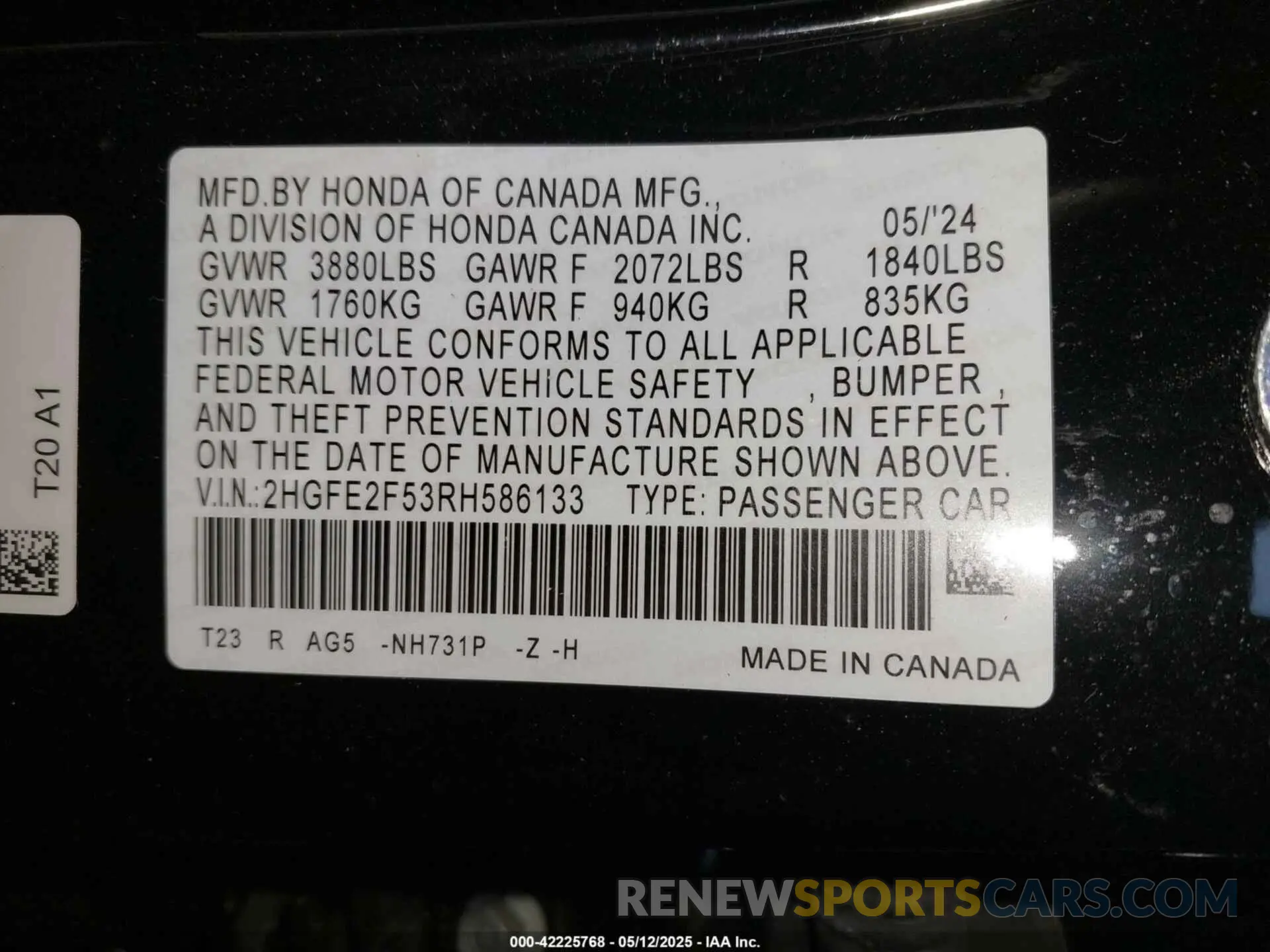 9 fotografías del automóvil dañado 2HGFE2F53RH586133 HONDA CIVIC 2024