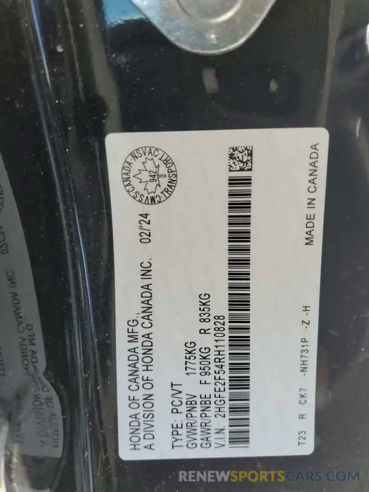 12 fotografías del automóvil dañado 2HGFE2F54RH110828 HONDA CIVIC 2024