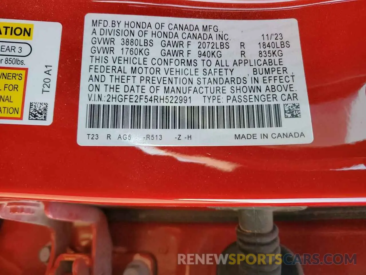 13 fotografías del automóvil dañado 2HGFE2F54RH522991 HONDA CIVIC 2024