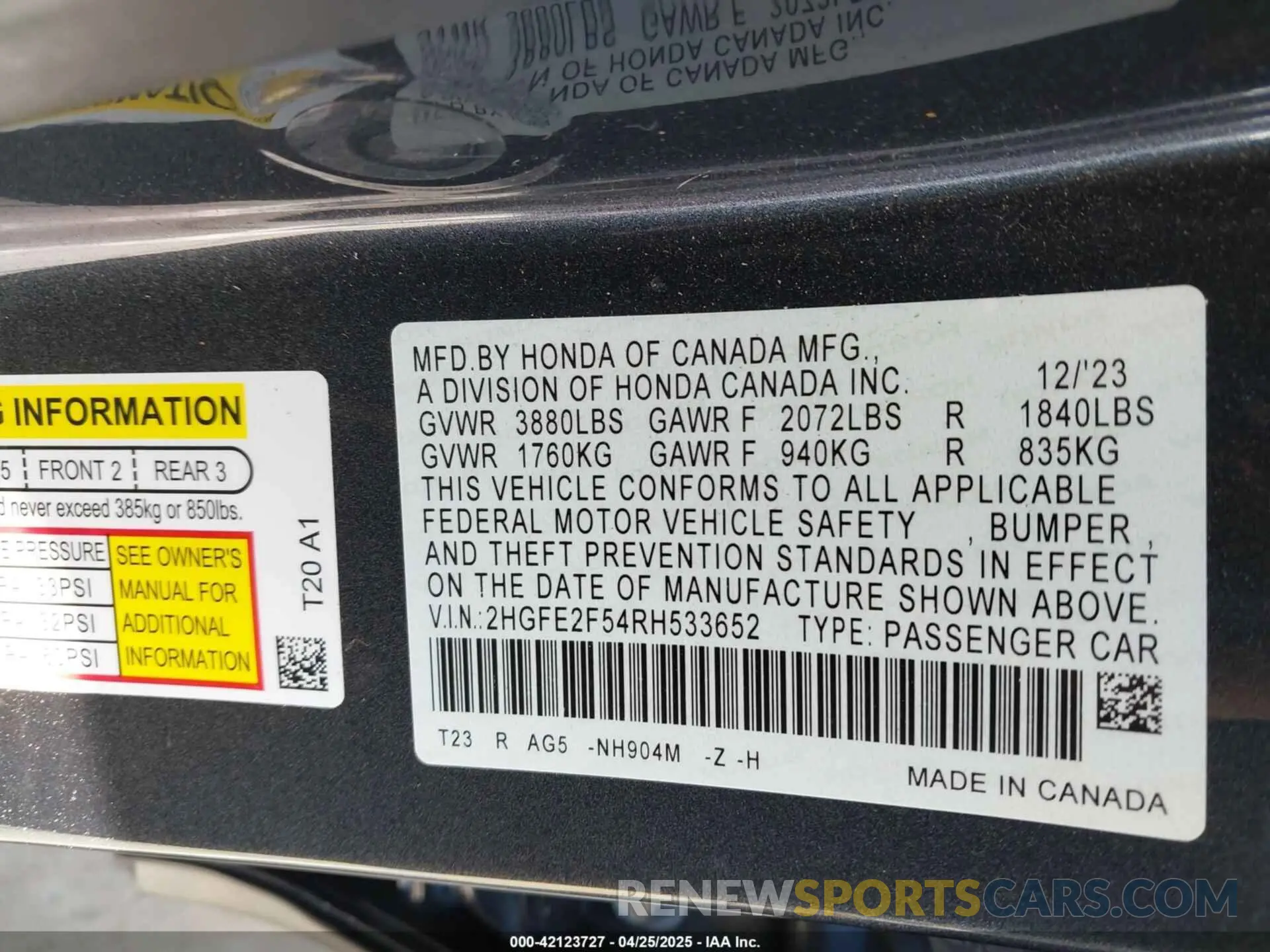 9 fotografías del automóvil dañado 2HGFE2F54RH533652 HONDA CIVIC 2024