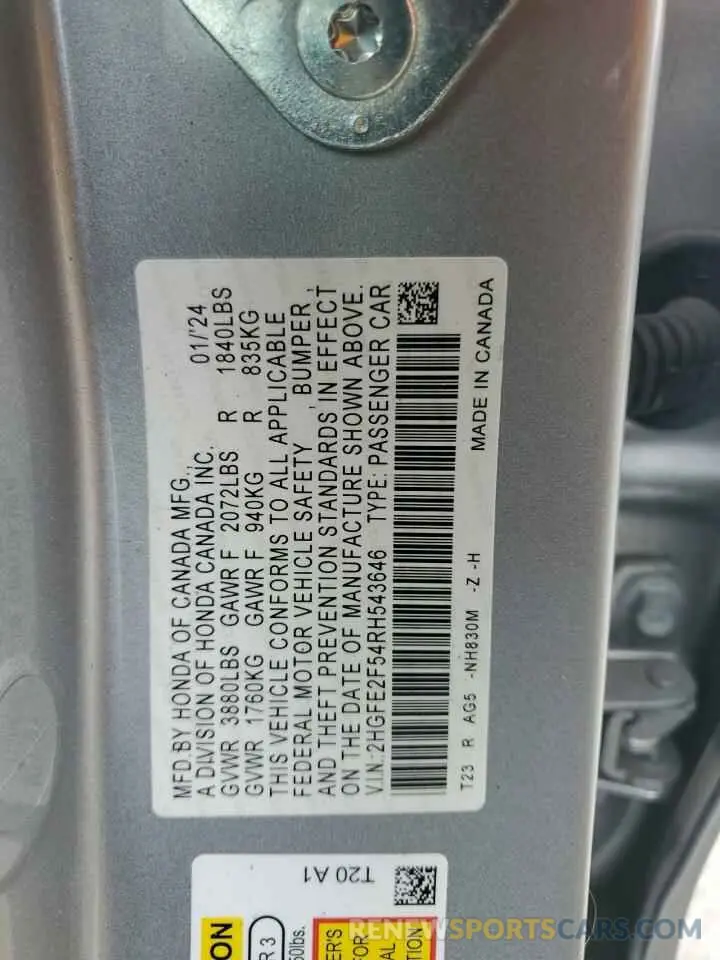 12 fotografías del automóvil dañado 2HGFE2F54RH543646 HONDA CIVIC 2024