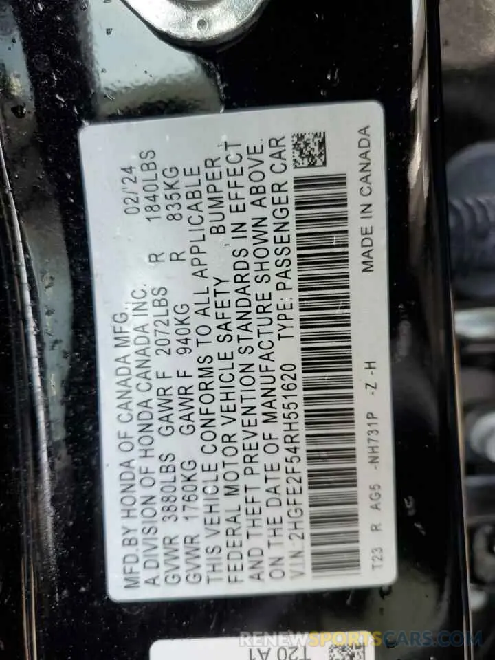 12 fotografías del automóvil dañado 2HGFE2F54RH551620 HONDA CIVIC 2024