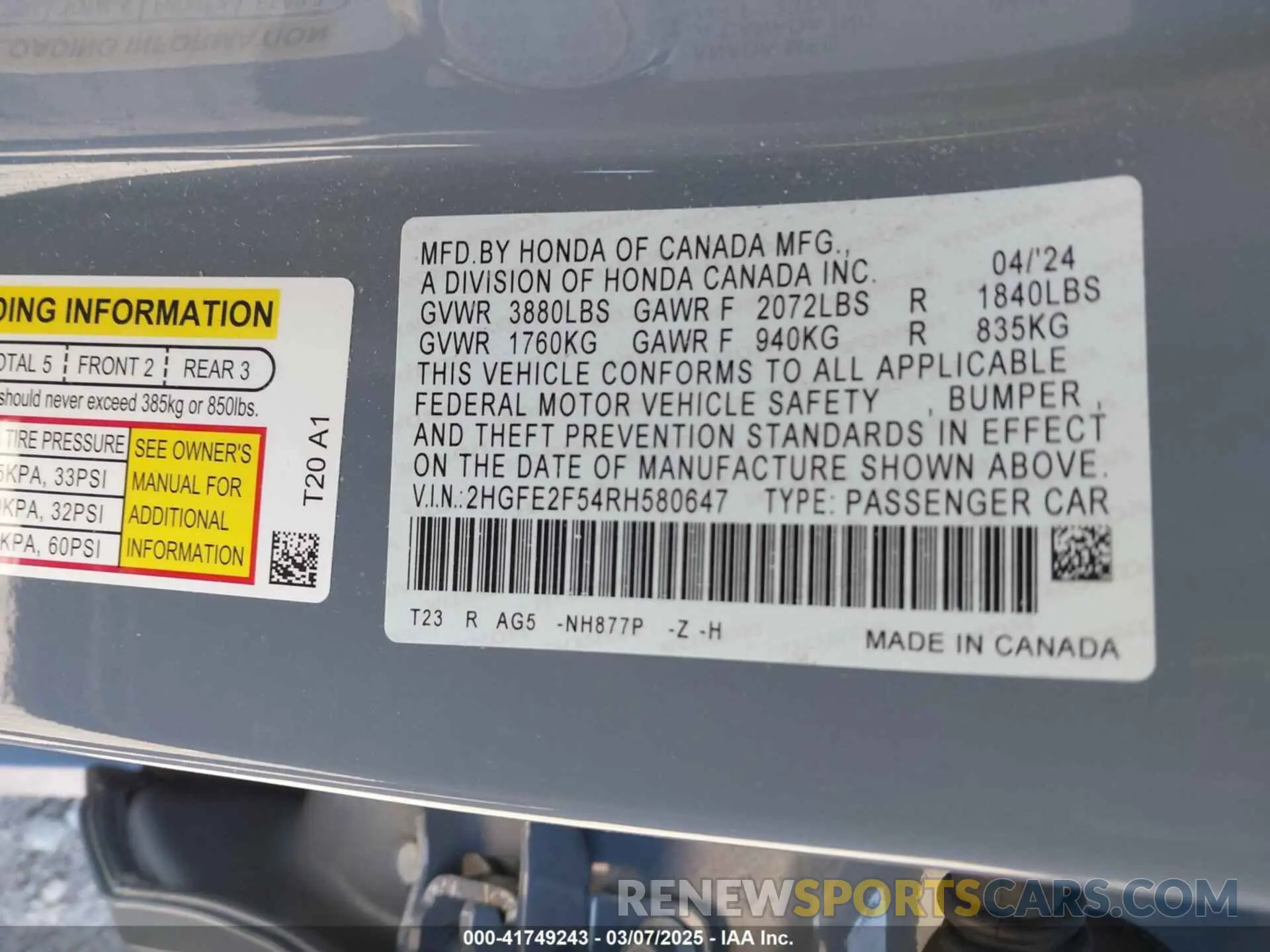 9 fotografías del automóvil dañado 2HGFE2F54RH580647 HONDA CIVIC 2024