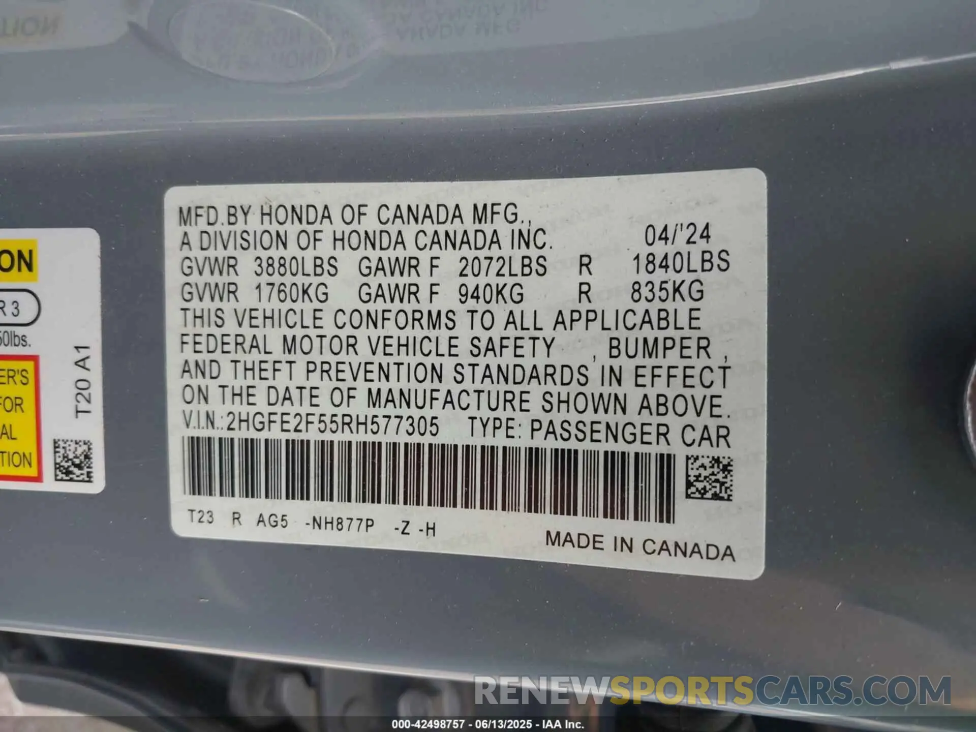 9 fotografías del automóvil dañado 2HGFE2F55RH577305 HONDA CIVIC 2024