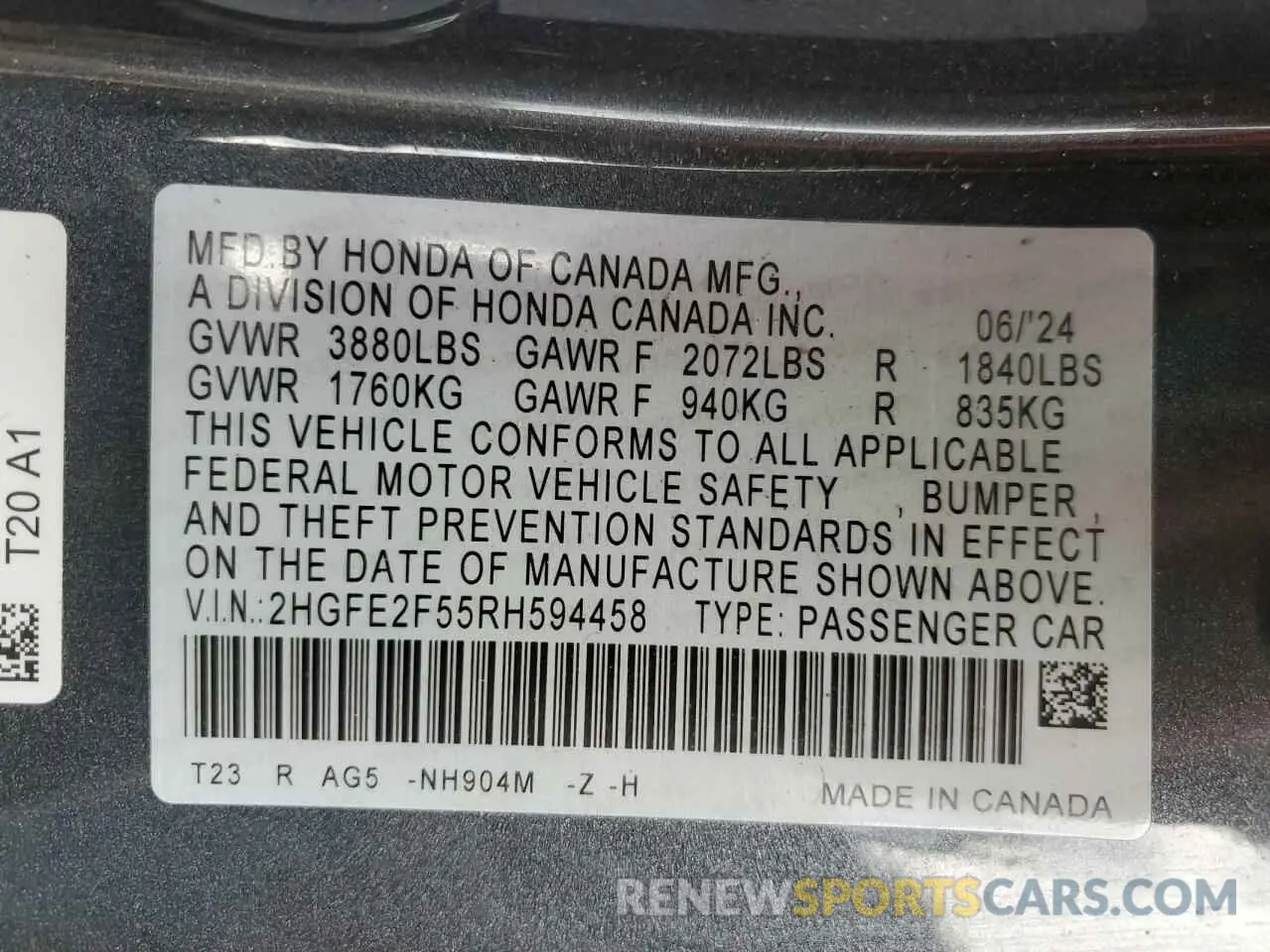 14 fotografías del automóvil dañado 2HGFE2F55RH594458 HONDA CIVIC 2024