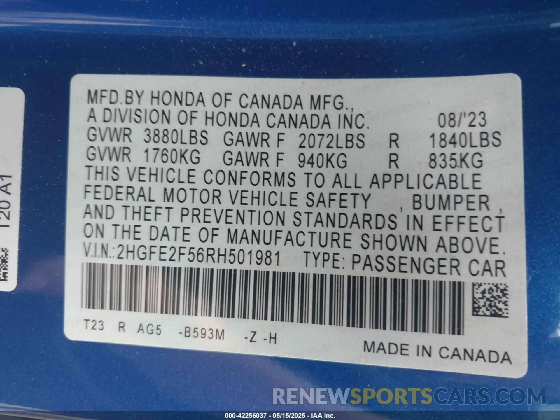 9 fotografías del automóvil dañado 2HGFE2F56RH501981 HONDA CIVIC 2024