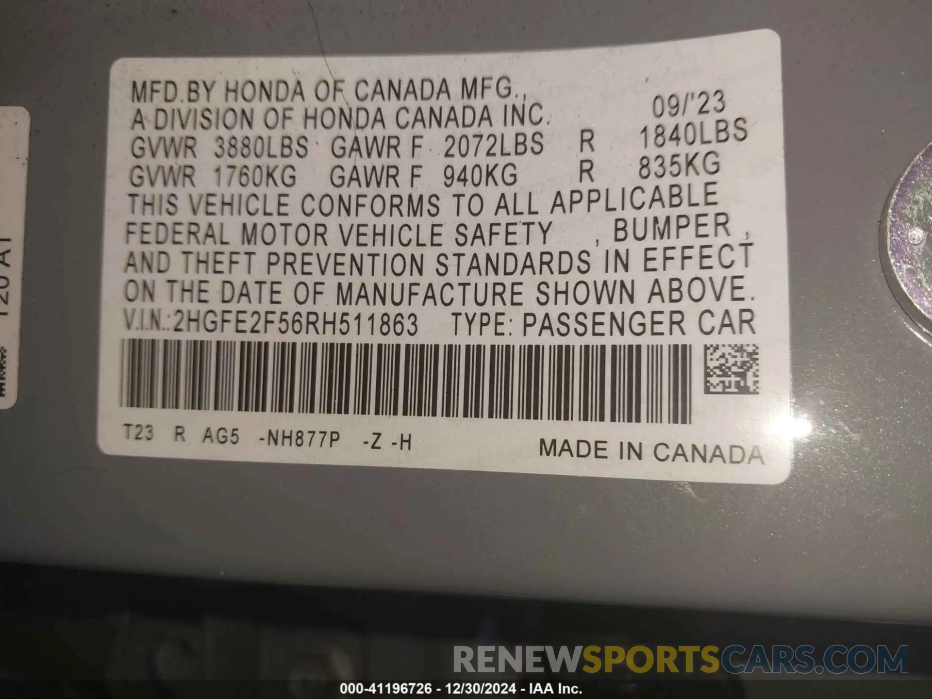 9 fotografías del automóvil dañado 2HGFE2F56RH511863 HONDA CIVIC 2024
