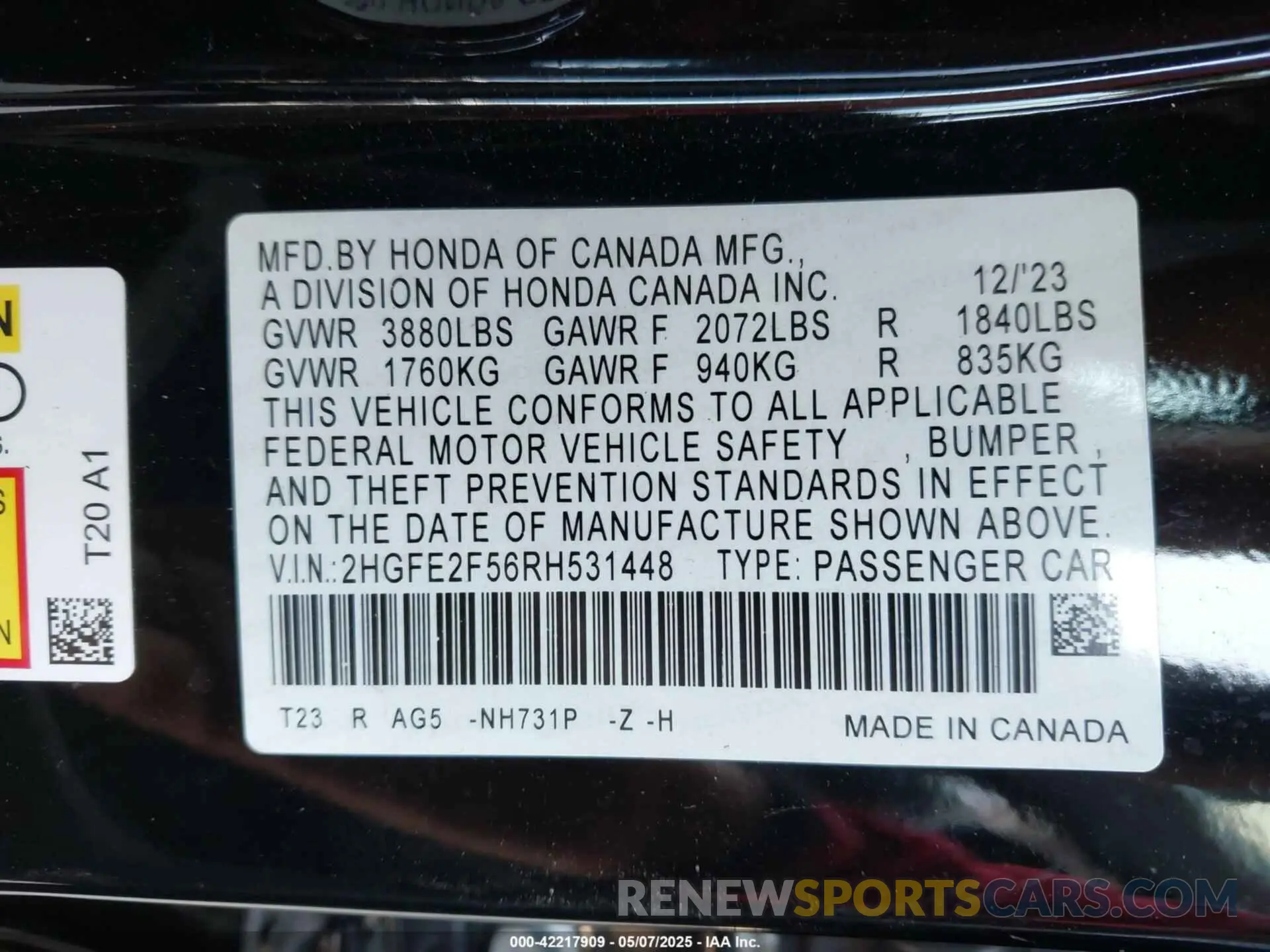 9 fotografías del automóvil dañado 2HGFE2F56RH531448 HONDA CIVIC 2024