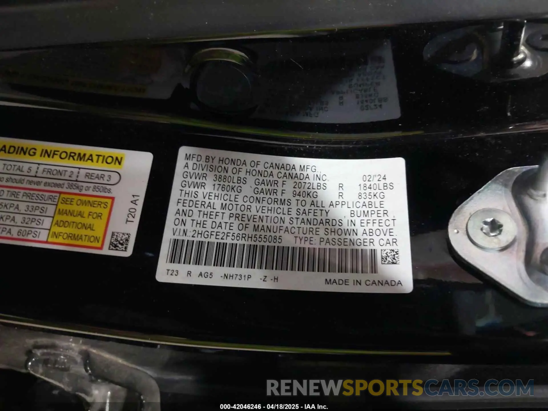 9 fotografías del automóvil dañado 2HGFE2F56RH555085 HONDA CIVIC 2024