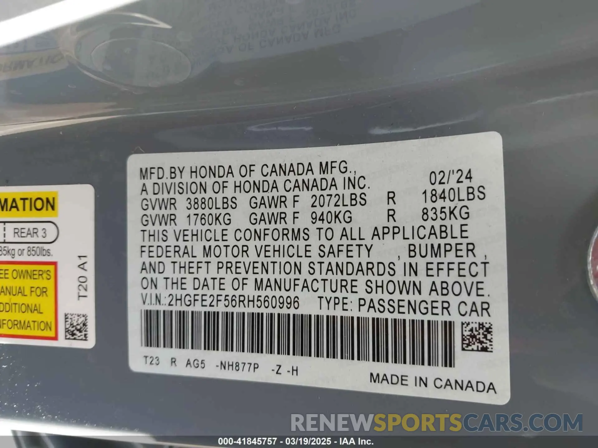 9 fotografías del automóvil dañado 2HGFE2F56RH560996 HONDA CIVIC 2024
