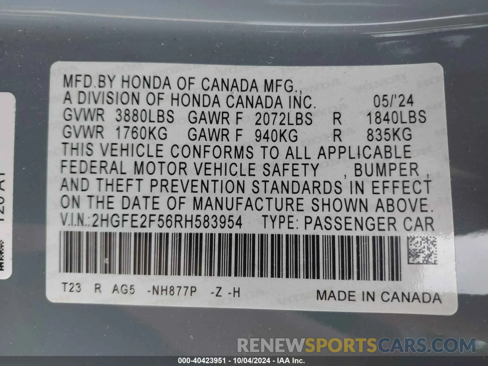 9 fotografías del automóvil dañado 2HGFE2F56RH583954 HONDA CIVIC 2024