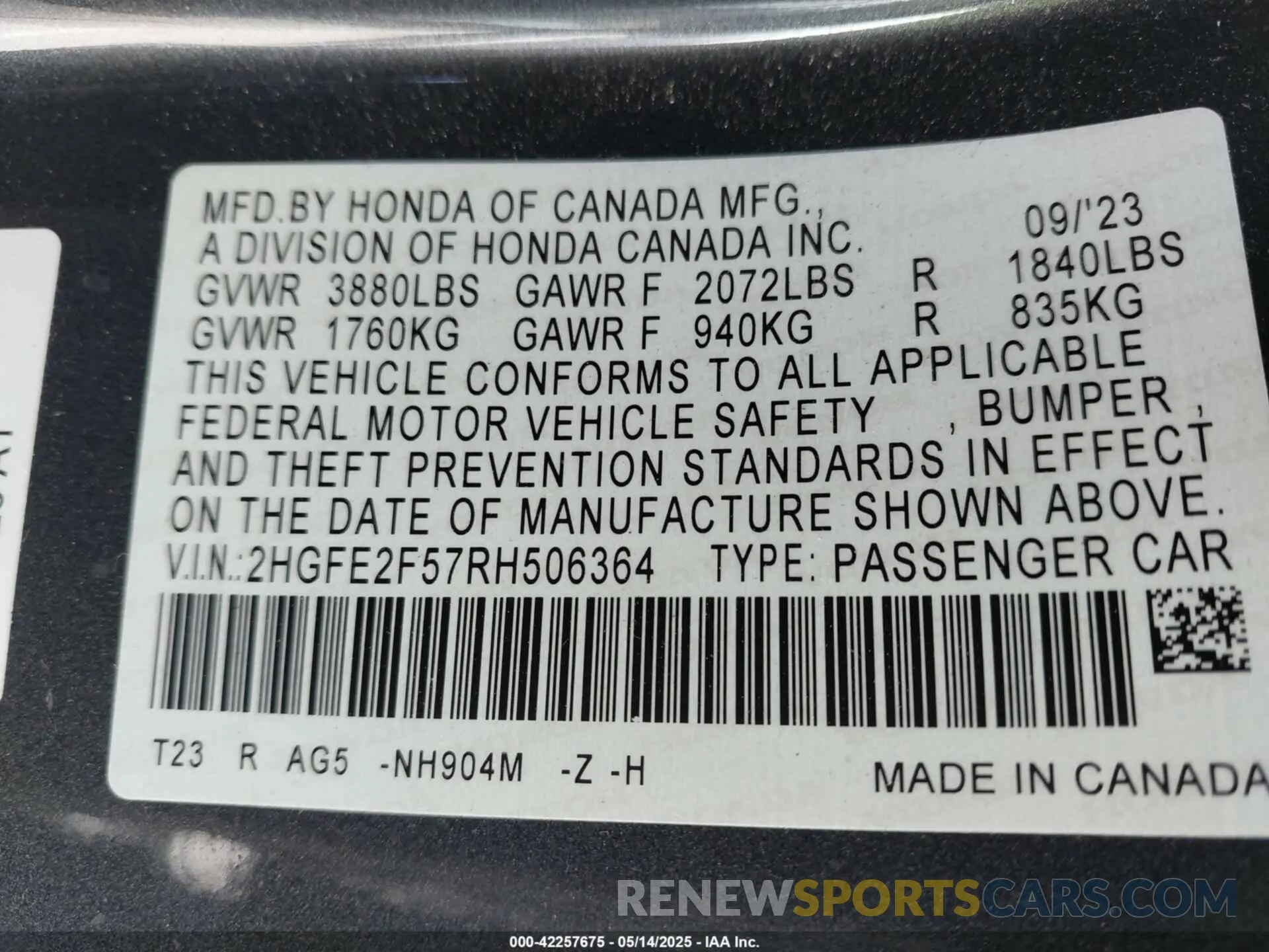 9 fotografías del automóvil dañado 2HGFE2F57RH506364 HONDA CIVIC 2024