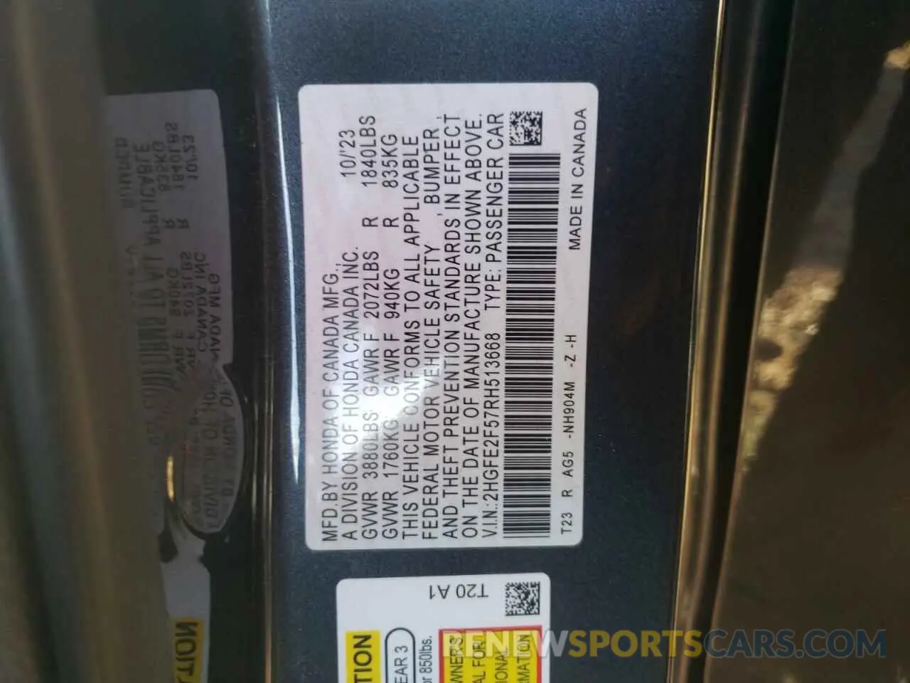 12 fotografías del automóvil dañado 2HGFE2F57RH513668 HONDA CIVIC 2024