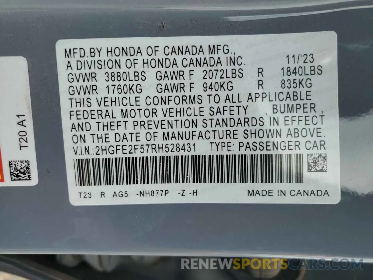 12 fotografías del automóvil dañado 2HGFE2F57RH528431 HONDA CIVIC 2024