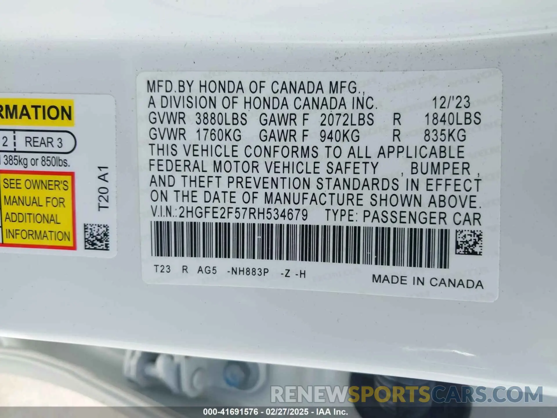 9 fotografías del automóvil dañado 2HGFE2F57RH534679 HONDA CIVIC 2024
