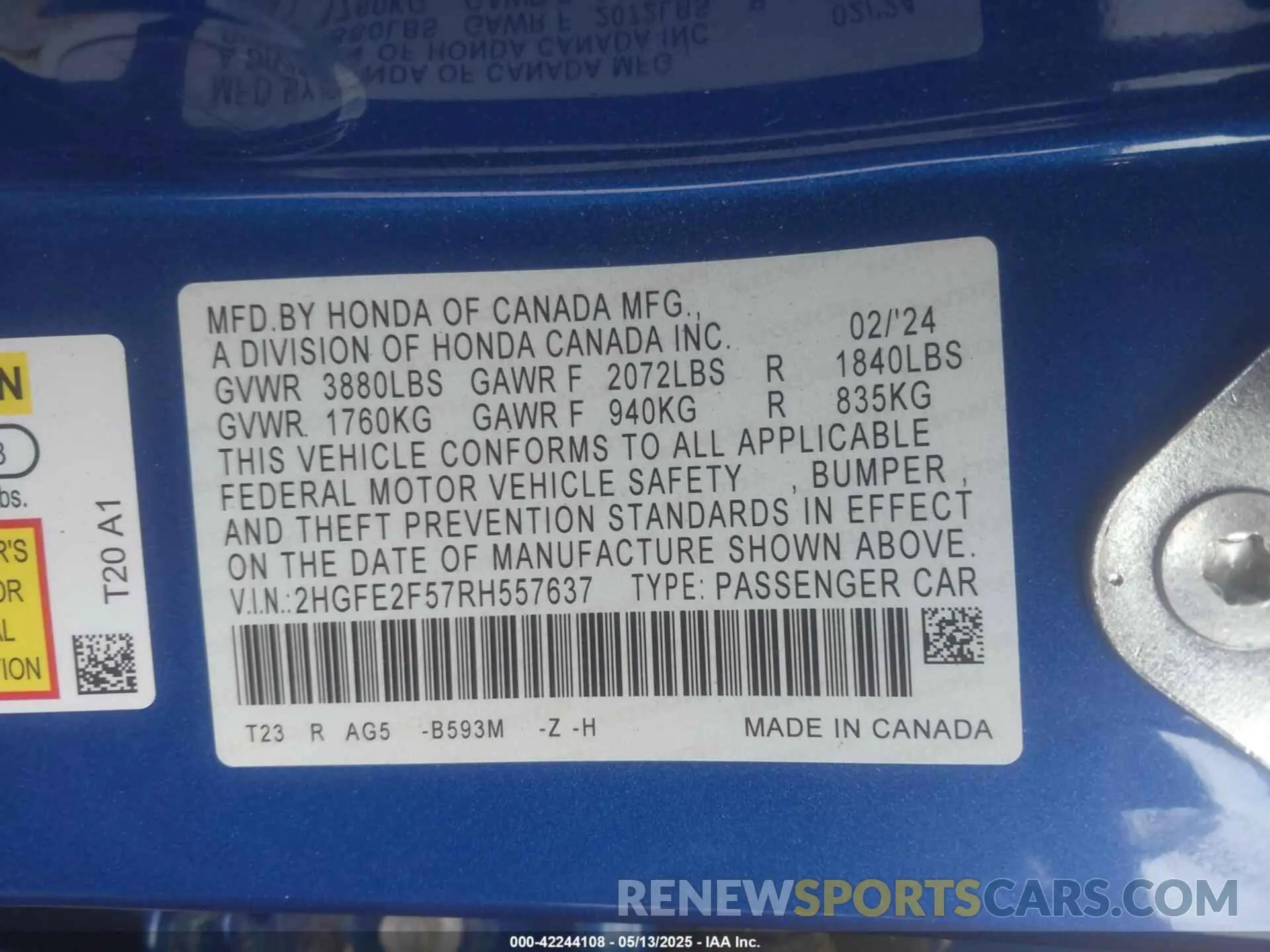 9 fotografías del automóvil dañado 2HGFE2F57RH557637 HONDA CIVIC 2024