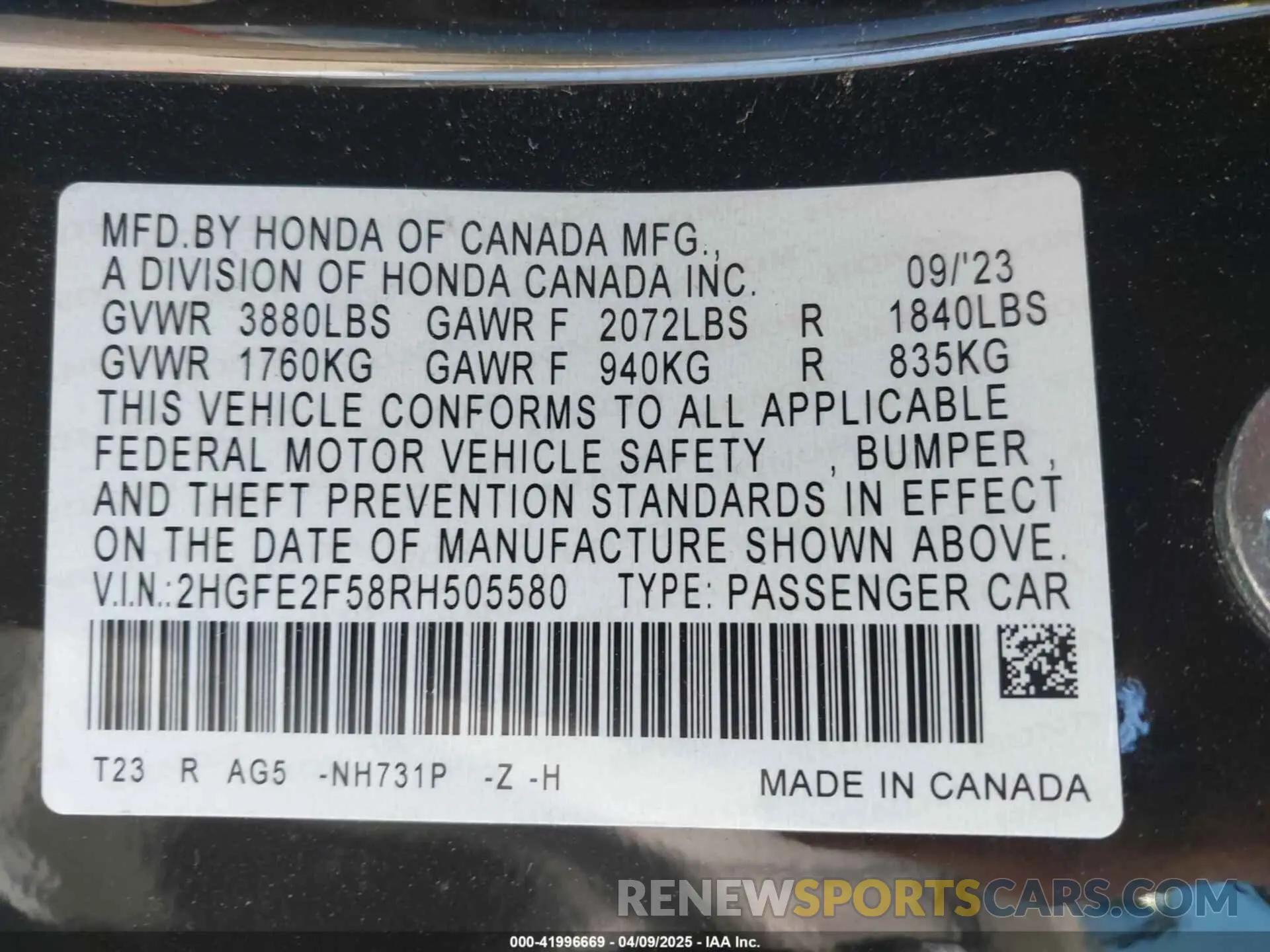 9 fotografías del automóvil dañado 2HGFE2F58RH505580 HONDA CIVIC 2024