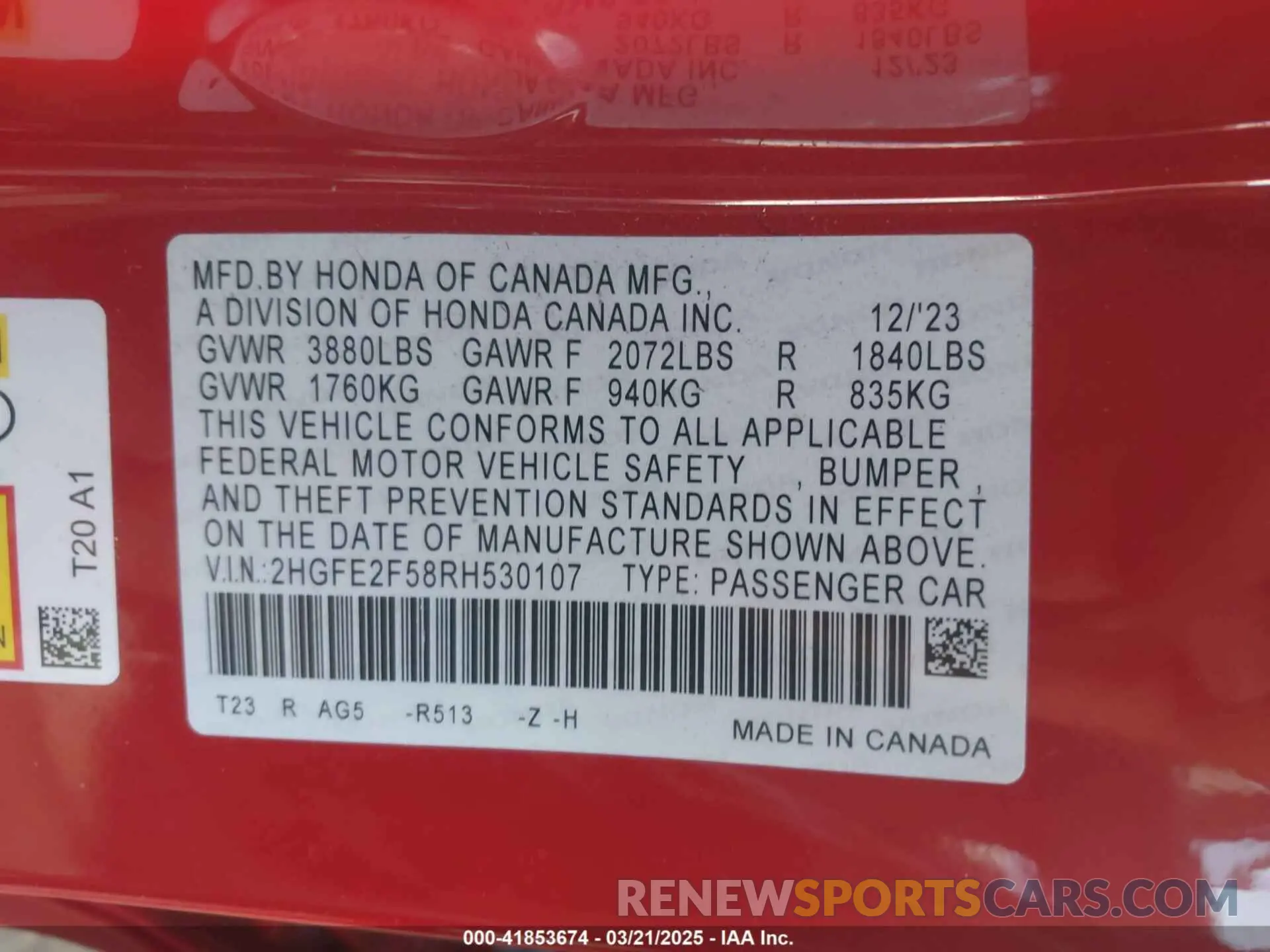 9 fotografías del automóvil dañado 2HGFE2F58RH530107 HONDA CIVIC 2024