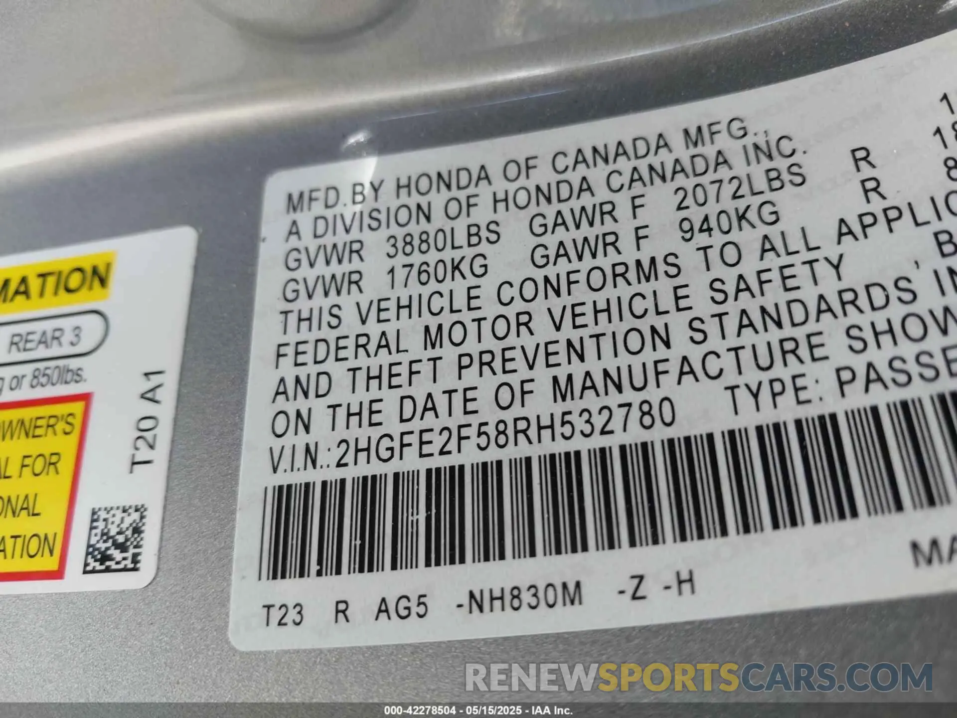 9 fotografías del automóvil dañado 2HGFE2F58RH532780 HONDA CIVIC 2024