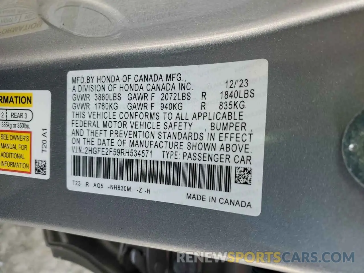 12 fotografías del automóvil dañado 2HGFE2F59RH534571 HONDA CIVIC 2024