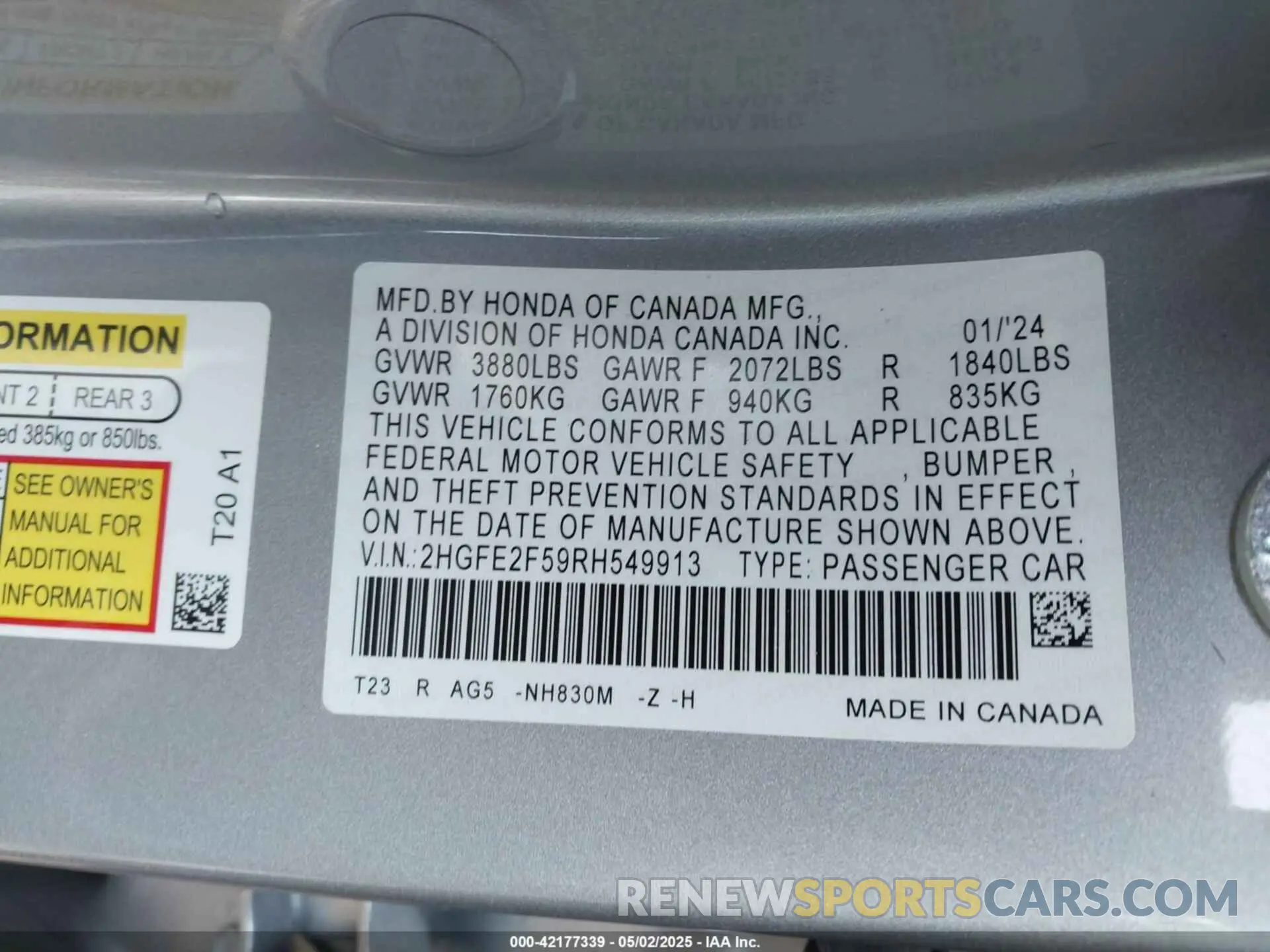 9 fotografías del automóvil dañado 2HGFE2F59RH549913 HONDA CIVIC 2024