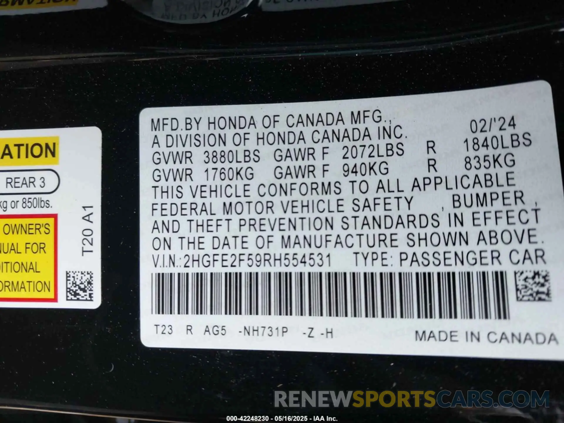 9 fotografías del automóvil dañado 2HGFE2F59RH554531 HONDA CIVIC 2024