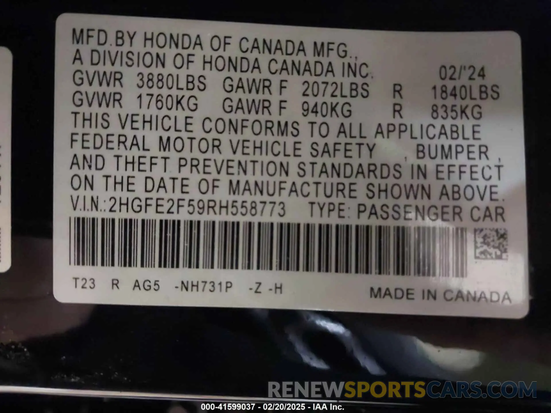 9 fotografías del automóvil dañado 2HGFE2F59RH558773 HONDA CIVIC 2024