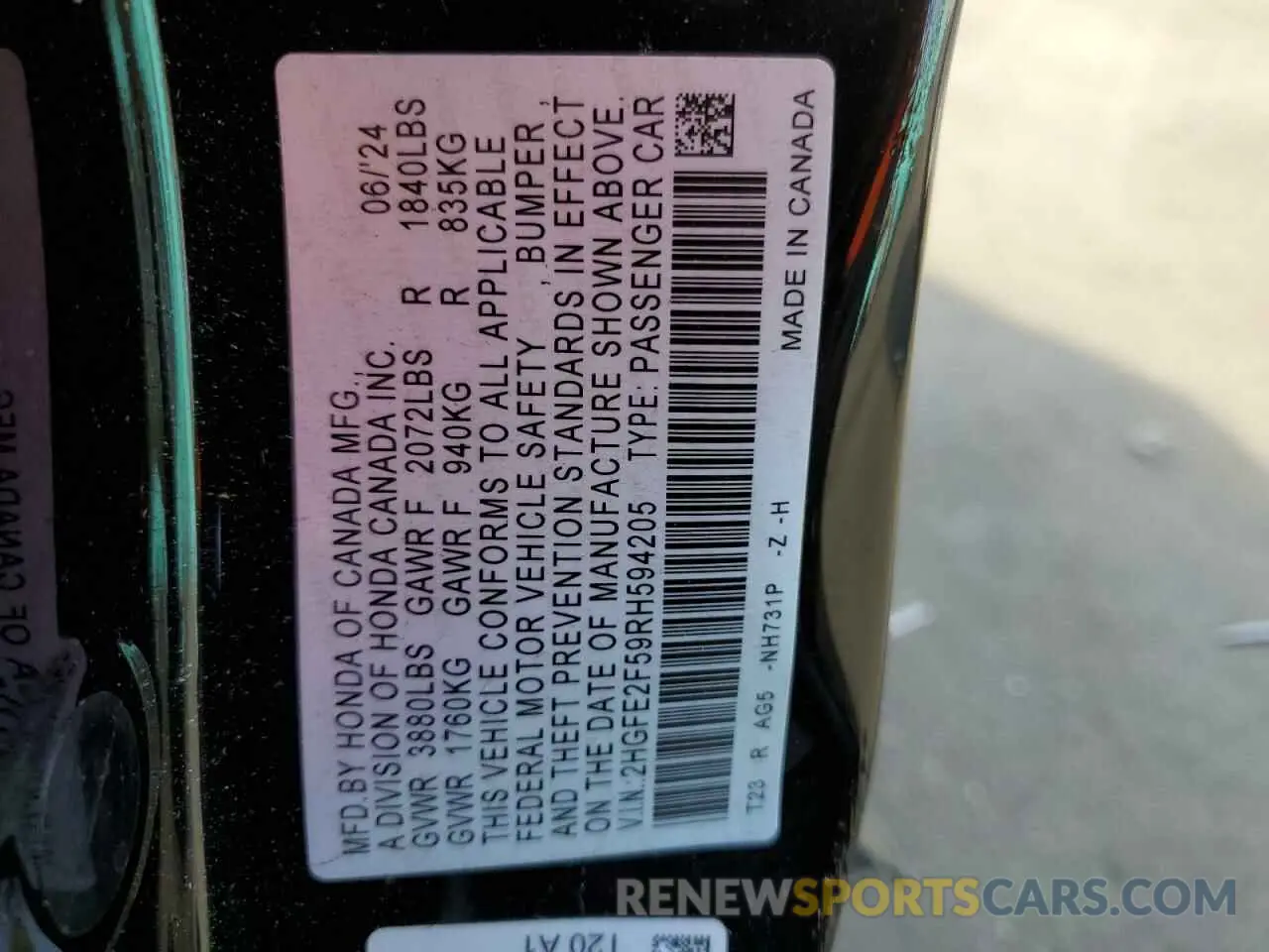 14 fotografías del automóvil dañado 2HGFE2F59RH594205 HONDA CIVIC 2024