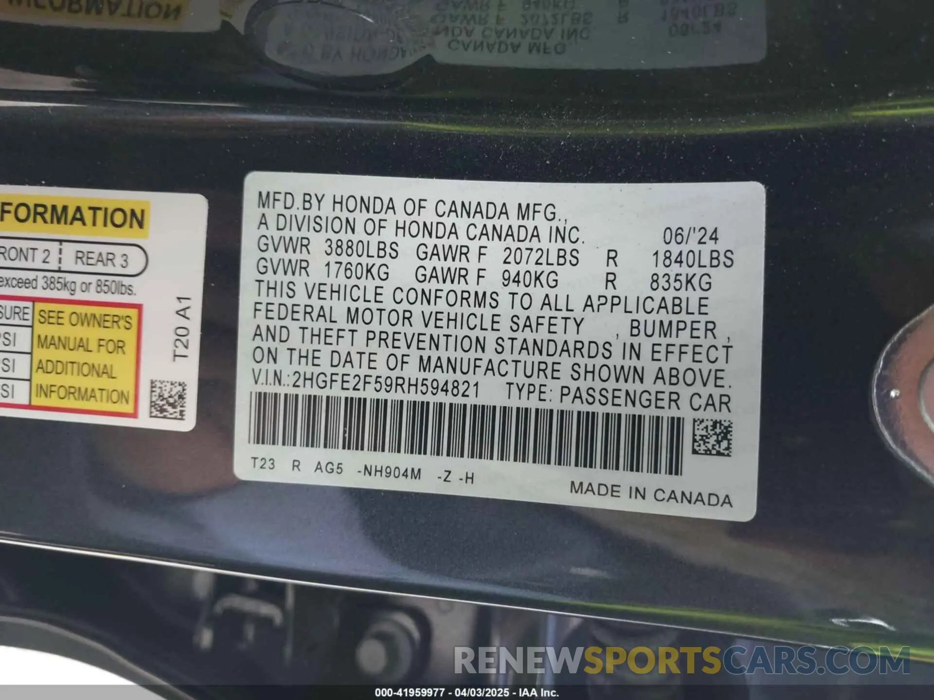 9 fotografías del automóvil dañado 2HGFE2F59RH594821 HONDA CIVIC 2024