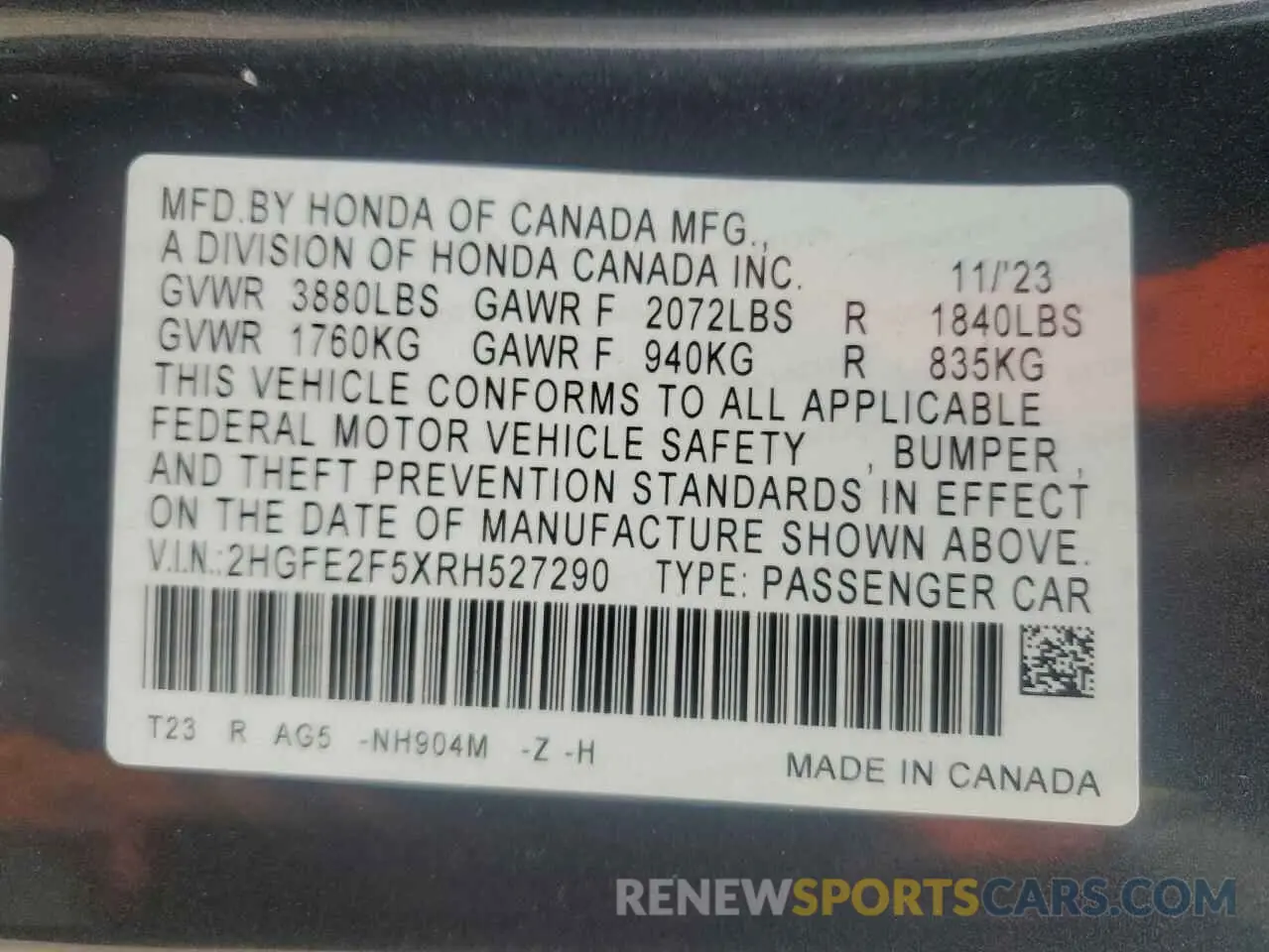 12 fotografías del automóvil dañado 2HGFE2F5XRH527290 HONDA CIVIC 2024