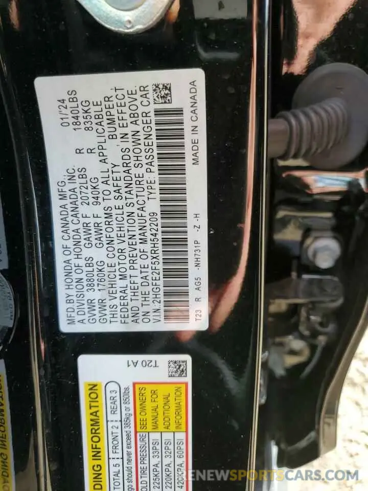 14 fotografías del automóvil dañado 2HGFE2F5XRH542209 HONDA CIVIC 2024