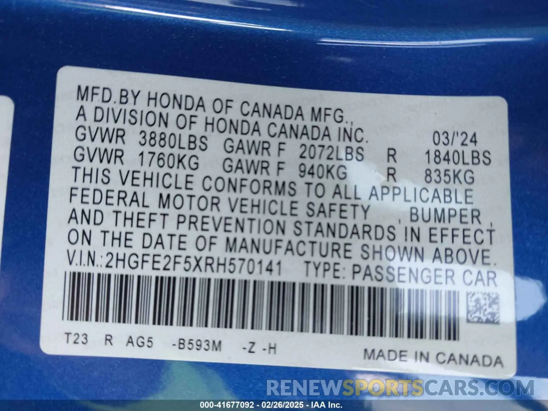 9 fotografías del automóvil dañado 2HGFE2F5XRH570141 HONDA CIVIC 2024