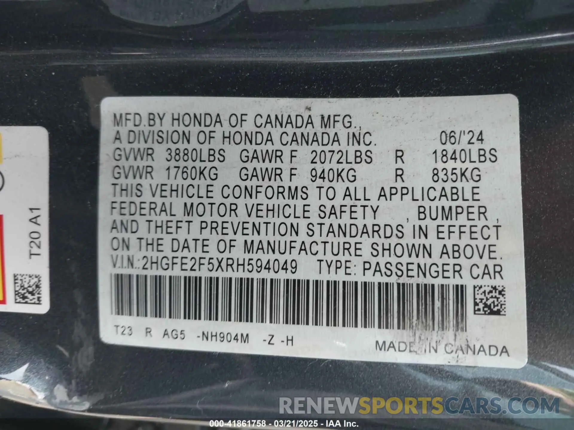 9 fotografías del automóvil dañado 2HGFE2F5XRH594049 HONDA CIVIC 2024