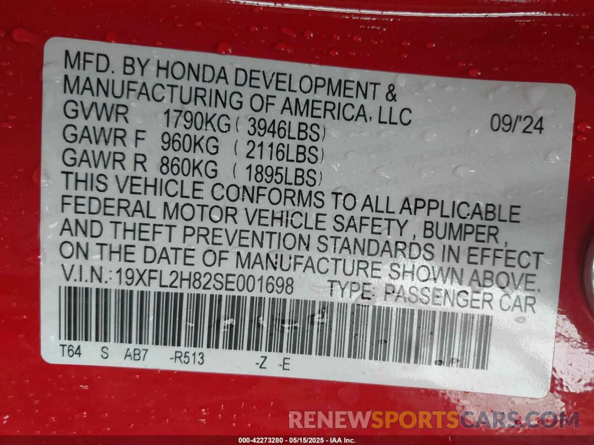 9 fotografías del automóvil dañado 19XFL2H82SE001698 HONDA CIVIC 2025