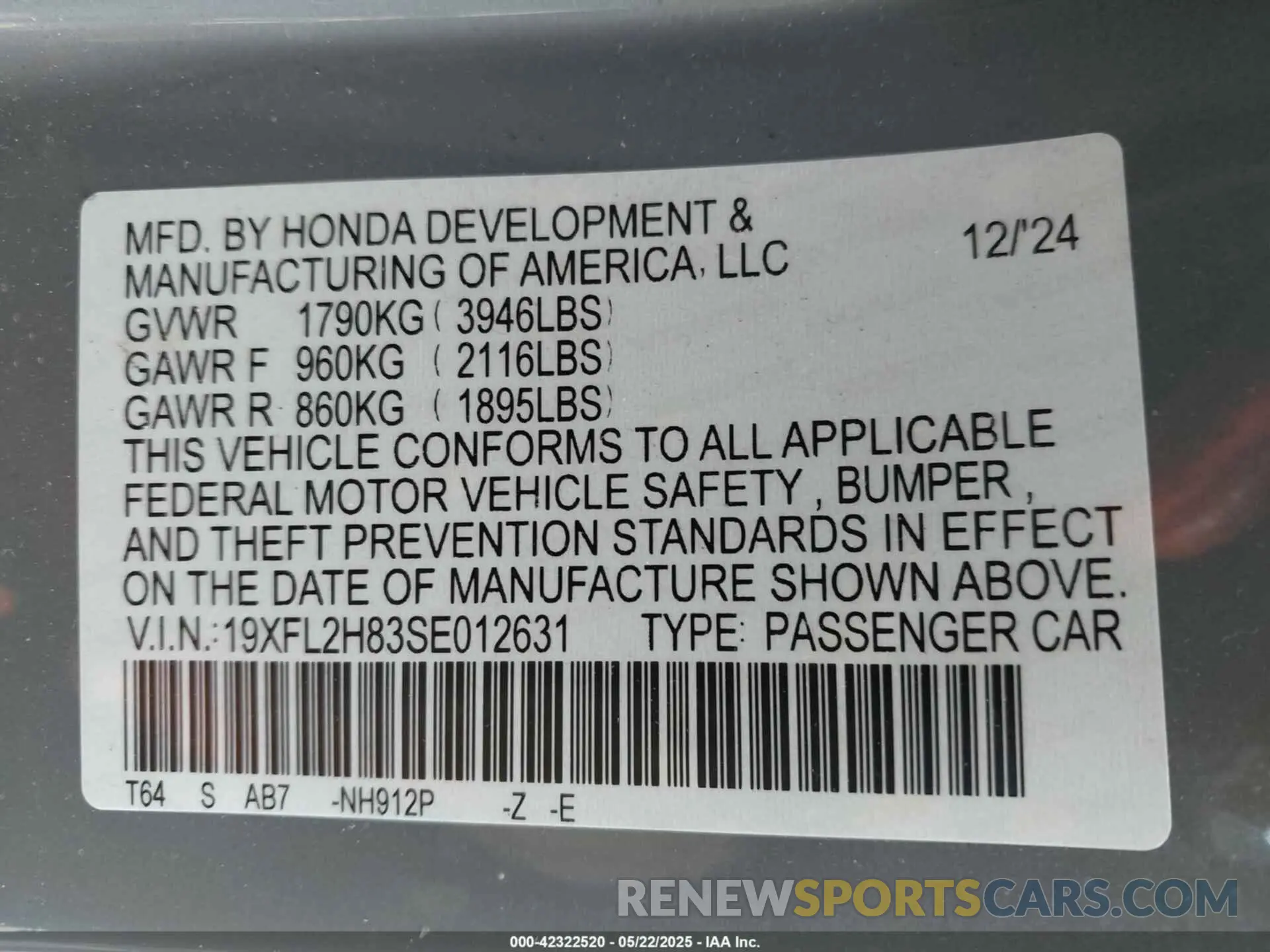 9 fotografías del automóvil dañado 19XFL2H83SE012631 HONDA CIVIC 2025