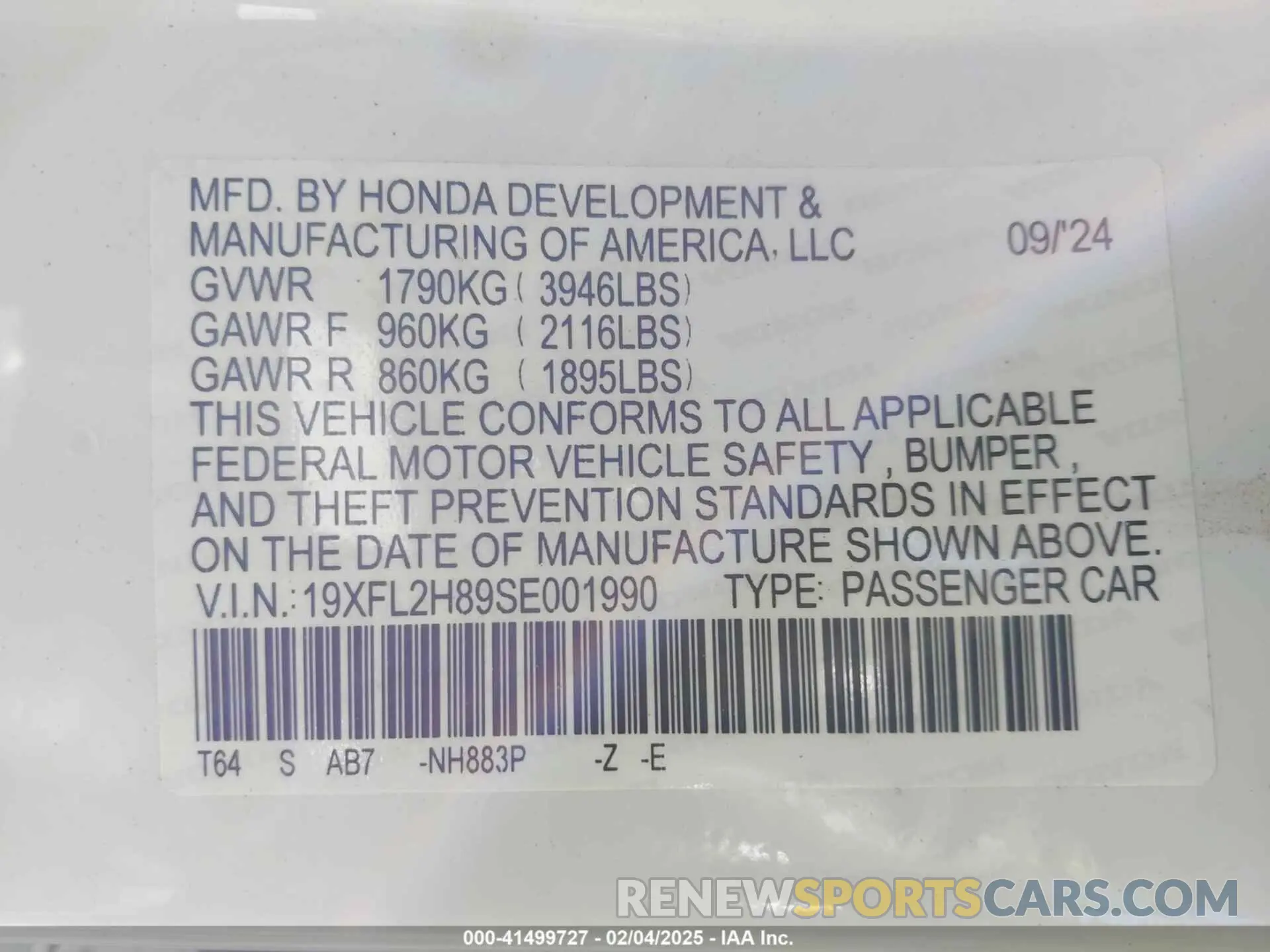 9 fotografías del automóvil dañado 19XFL2H89SE001990 HONDA CIVIC 2025