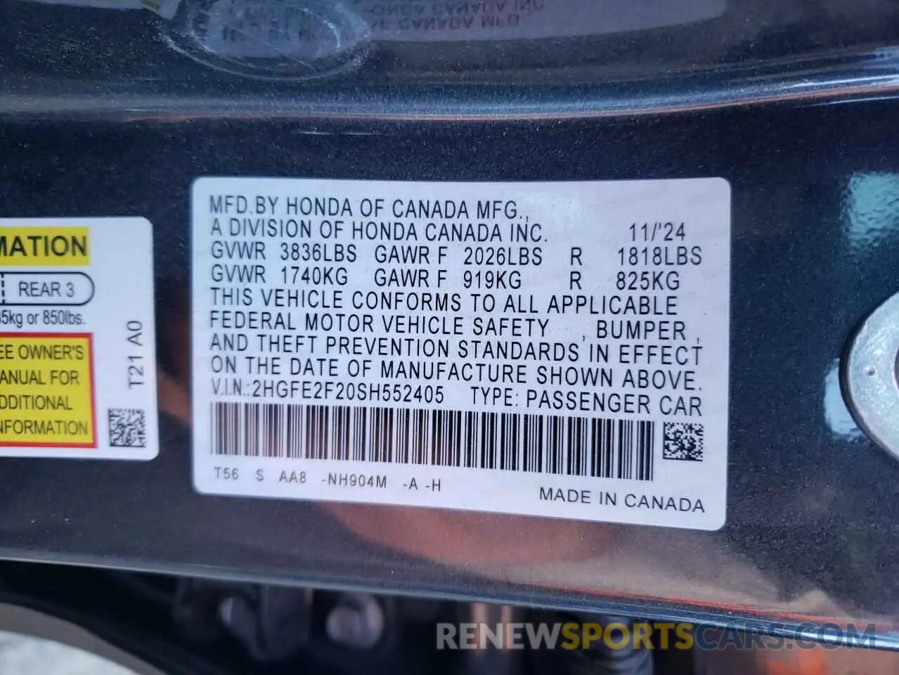 12 fotografías del automóvil dañado 2HGFE2F20SH552405 HONDA CIVIC 2025