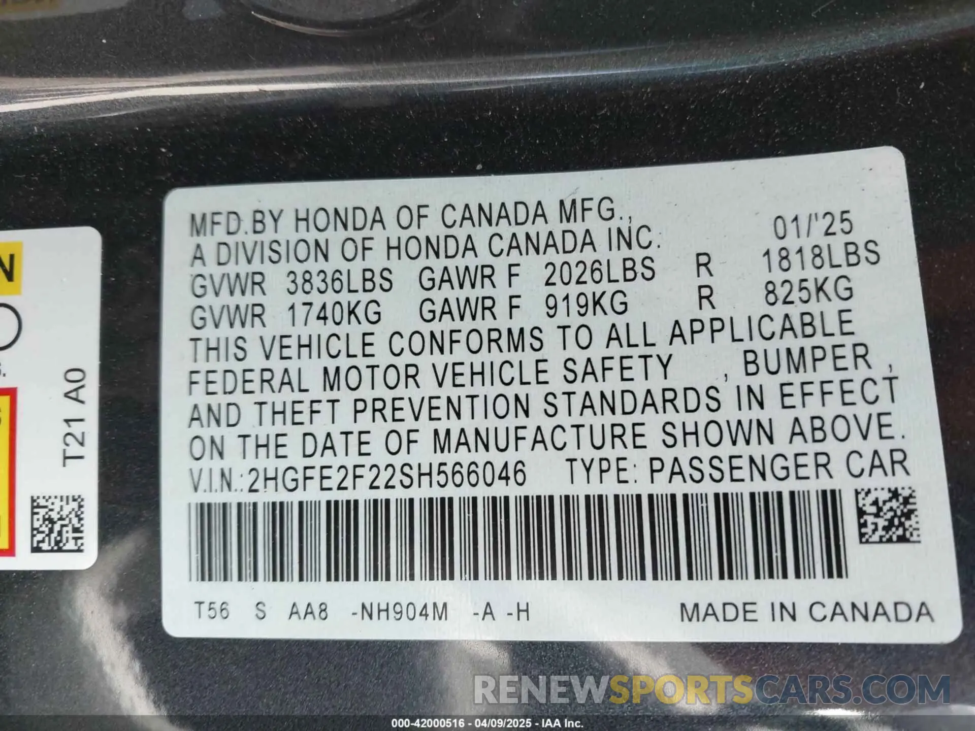 9 fotografías del automóvil dañado 2HGFE2F22SH566046 HONDA CIVIC 2025