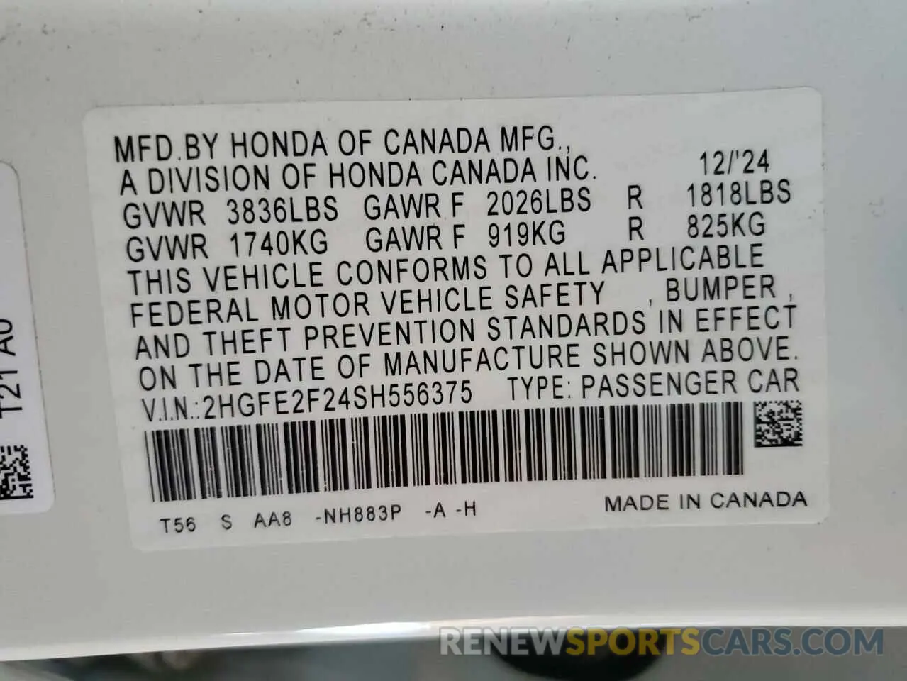 12 fotografías del automóvil dañado 2HGFE2F24SH556375 HONDA CIVIC 2025