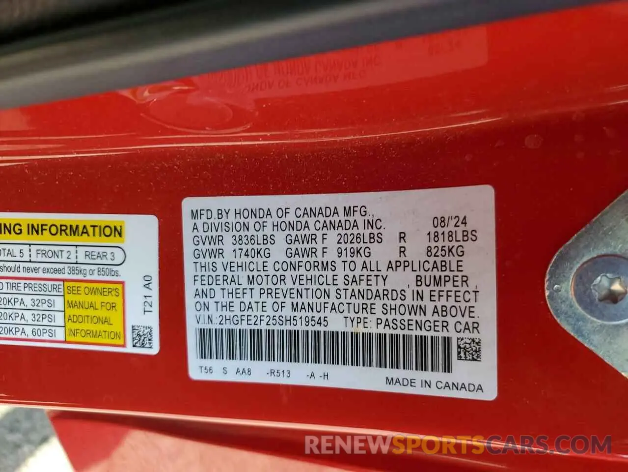 14 fotografías del automóvil dañado 2HGFE2F25SH519545 HONDA CIVIC 2025