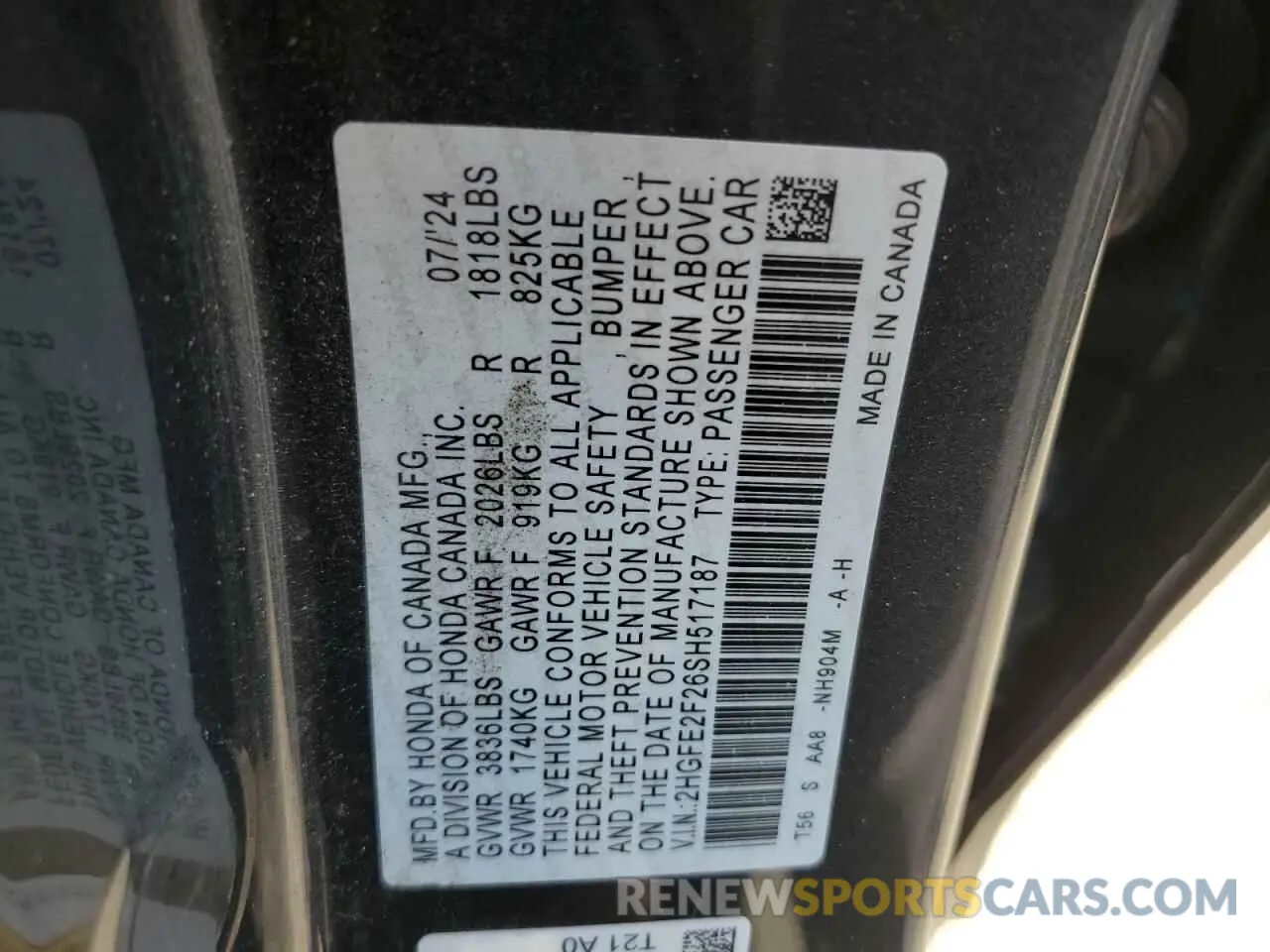 12 fotografías del automóvil dañado 2HGFE2F26SH517187 HONDA CIVIC 2025