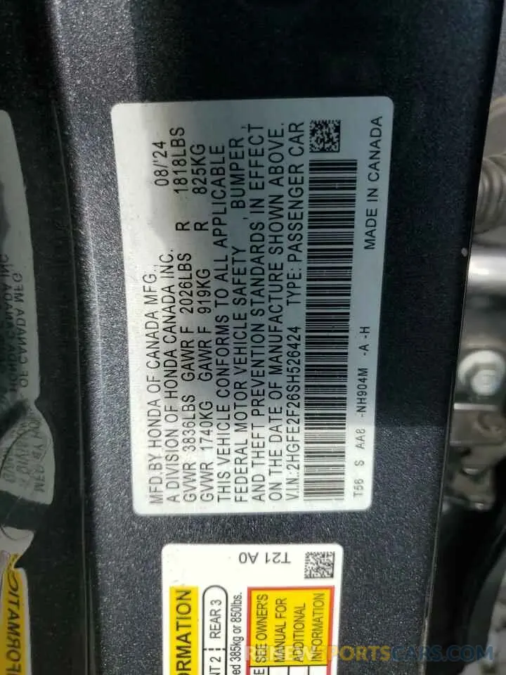 13 fotografías del automóvil dañado 2HGFE2F26SH526424 HONDA CIVIC 2025