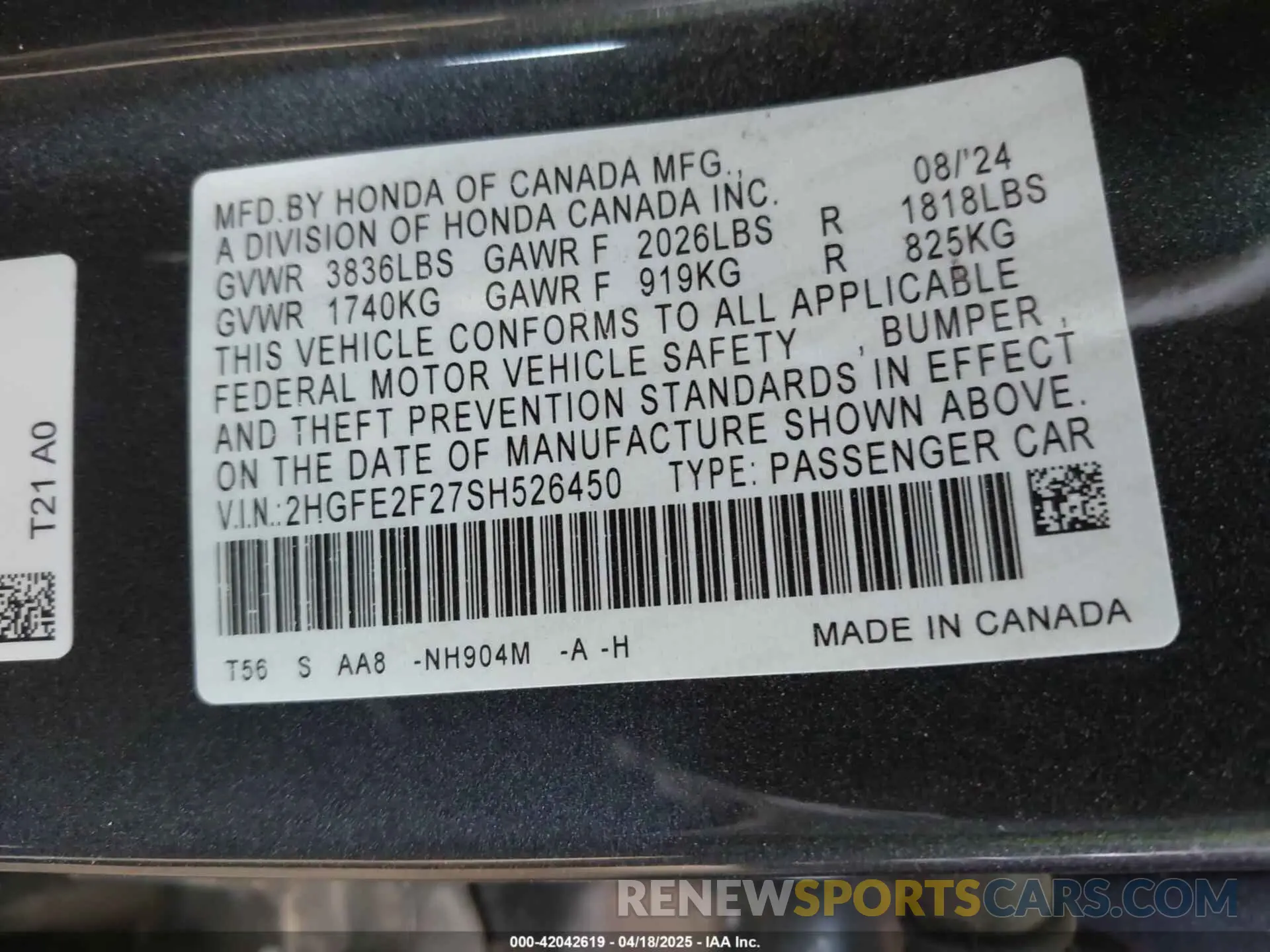 9 fotografías del automóvil dañado 2HGFE2F27SH526450 HONDA CIVIC 2025