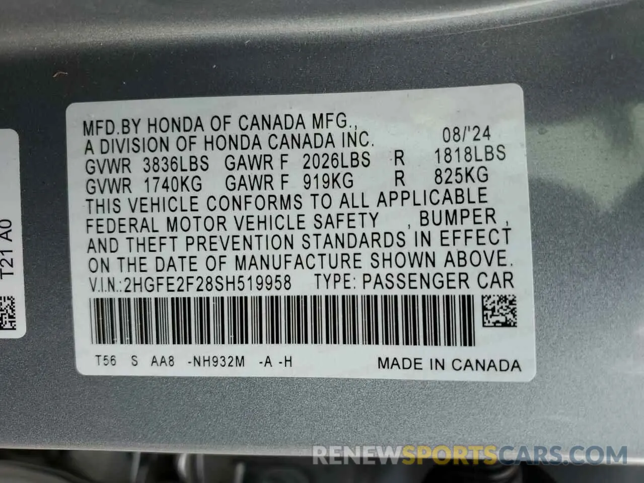 14 fotografías del automóvil dañado 2HGFE2F28SH519958 HONDA CIVIC 2025