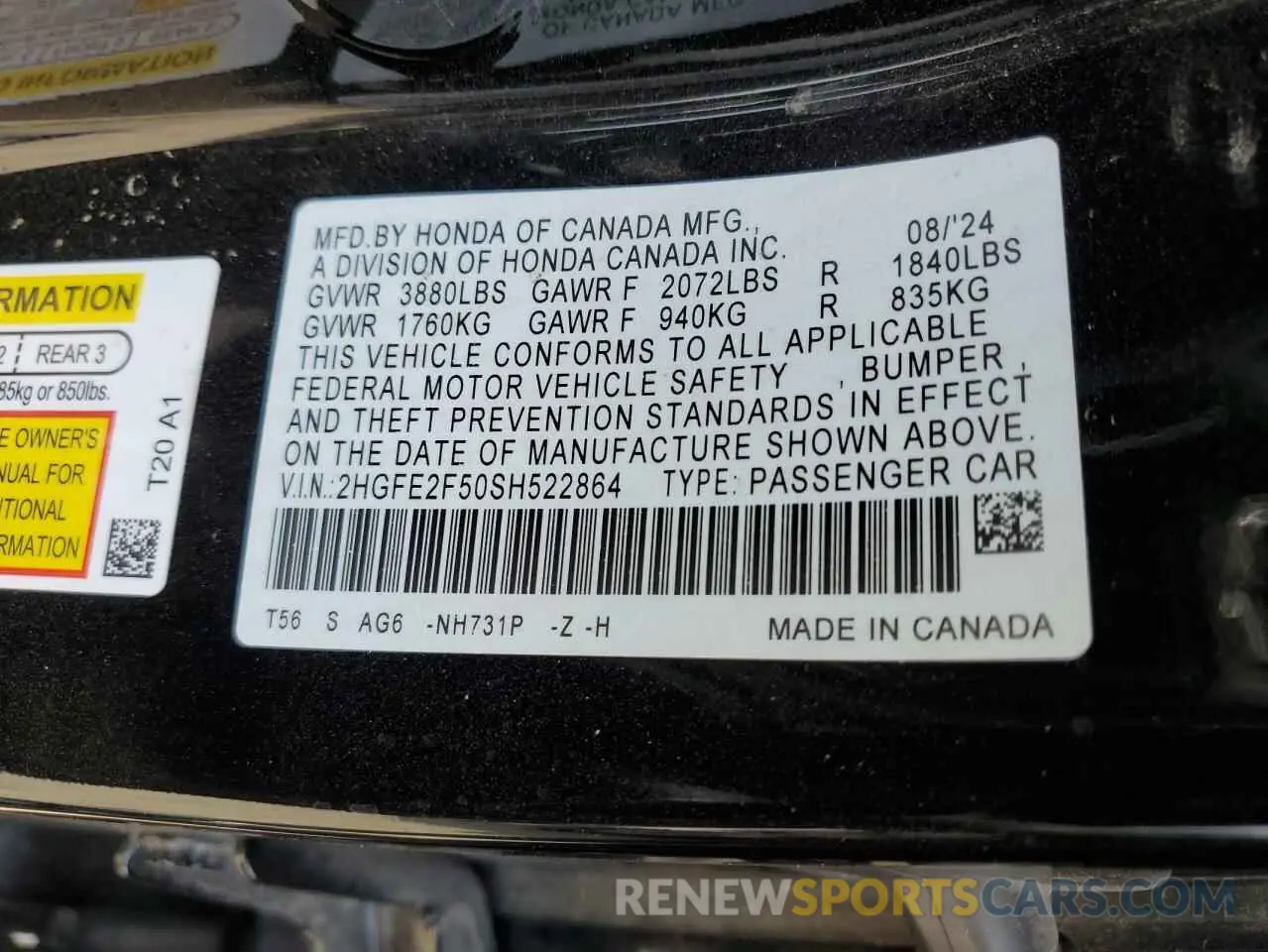12 fotografías del automóvil dañado 2HGFE2F50SH522864 HONDA CIVIC 2025