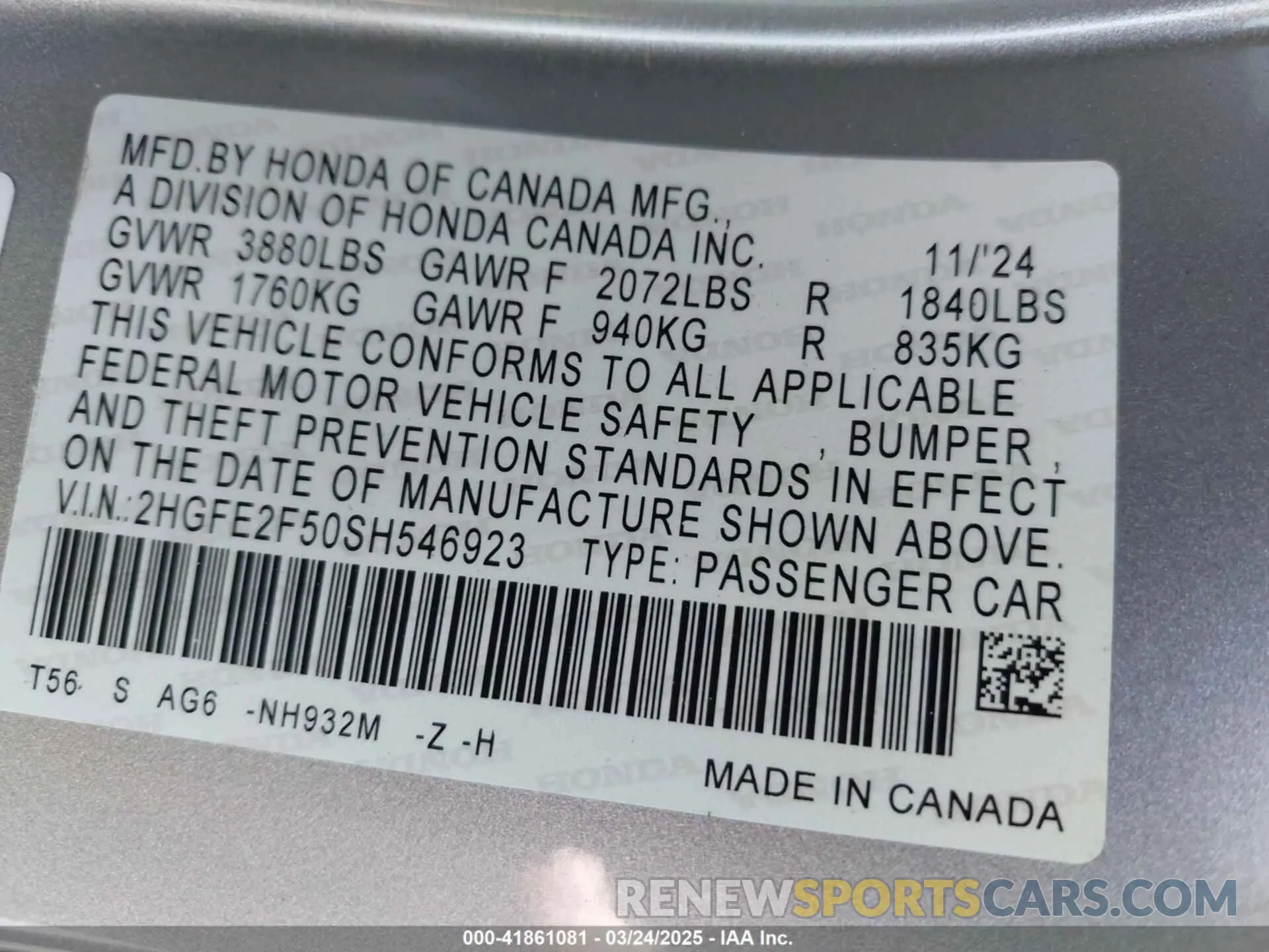 9 fotografías del automóvil dañado 2HGFE2F50SH546923 HONDA CIVIC 2025